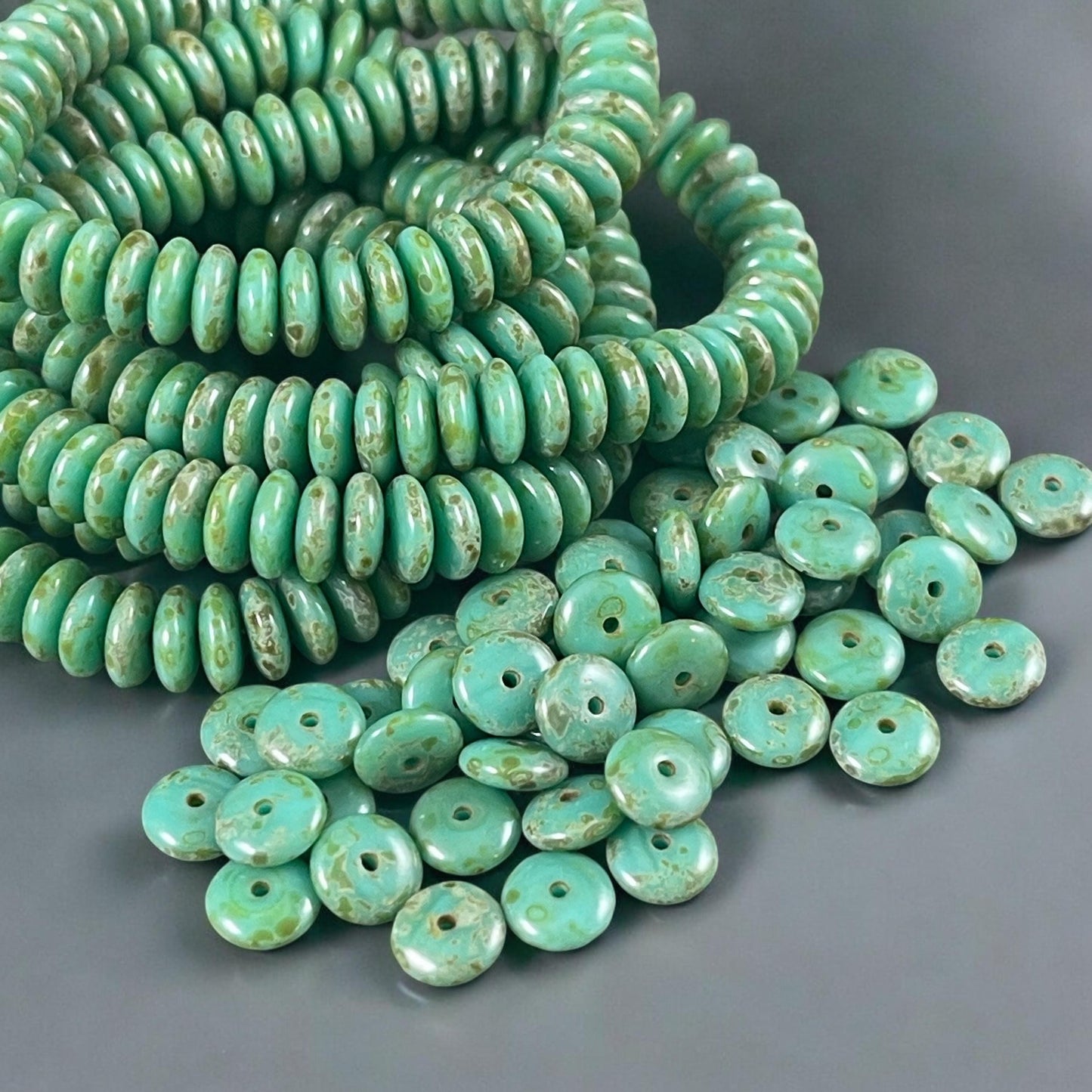 Turquoise Green Picasso Beads, 6x2mm Rondelle, Czech Glass Beads (RD6/RJ-3503) * Qty. 50