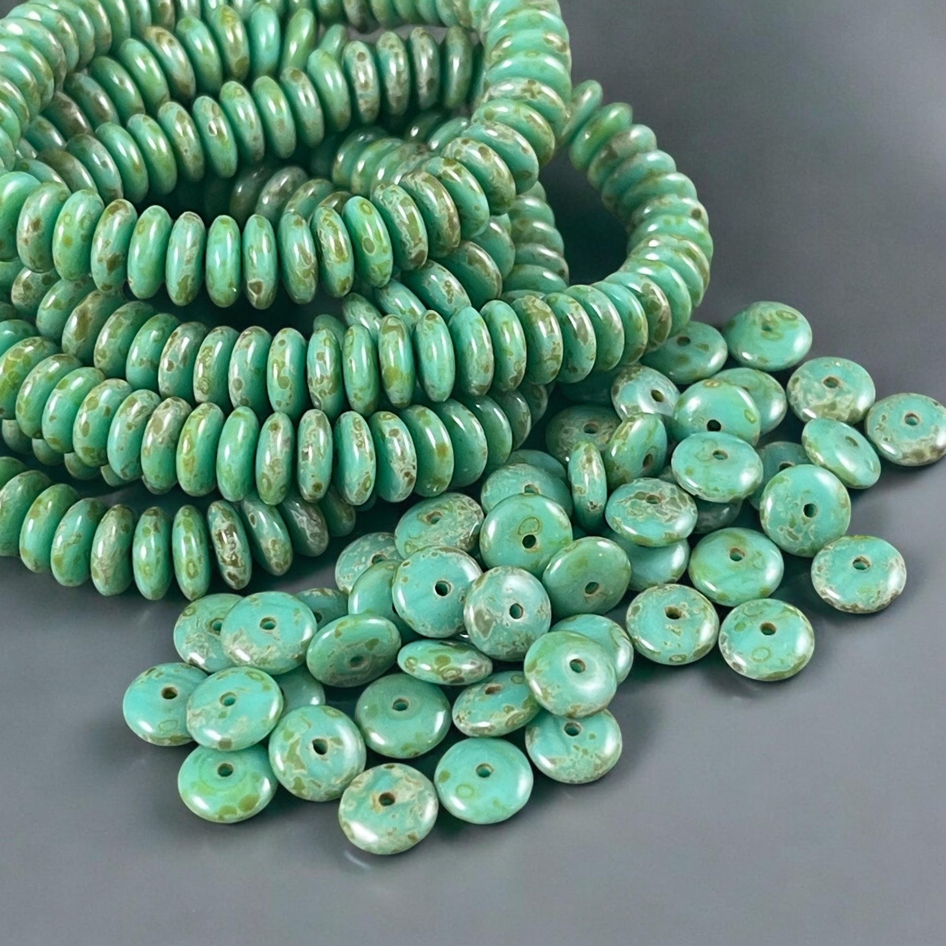 Turquoise Green Picasso Beads, 6x2mm Rondelle, Czech Glass Beads (RD6/RJ-3503) * Qty. 50