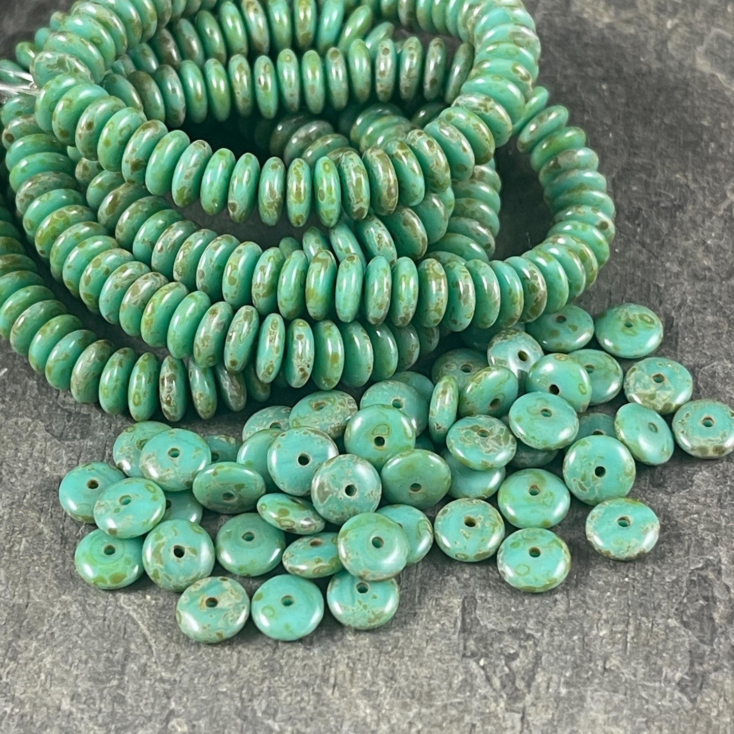 Turquoise Green Picasso Beads, 6x2mm Rondelle, Czech Glass Beads (RD6/RJ-3503) * Qty. 50