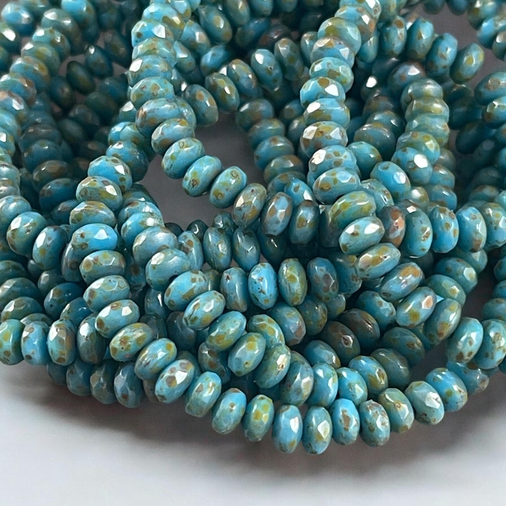 Czech Glass Beads - Dark Sky Blue 5x3mm Faceted Rondelles, Opaque Sky Blue with Picasso Finish (RON3/N-1995) * Qty. 50