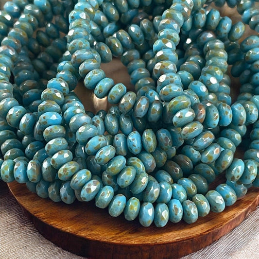 Czech Glass Beads - Dark Sky Blue 5x3mm Faceted Rondelles, Opaque Sky Blue with Picasso Finish (RON3/N-1995) * Qty. 50