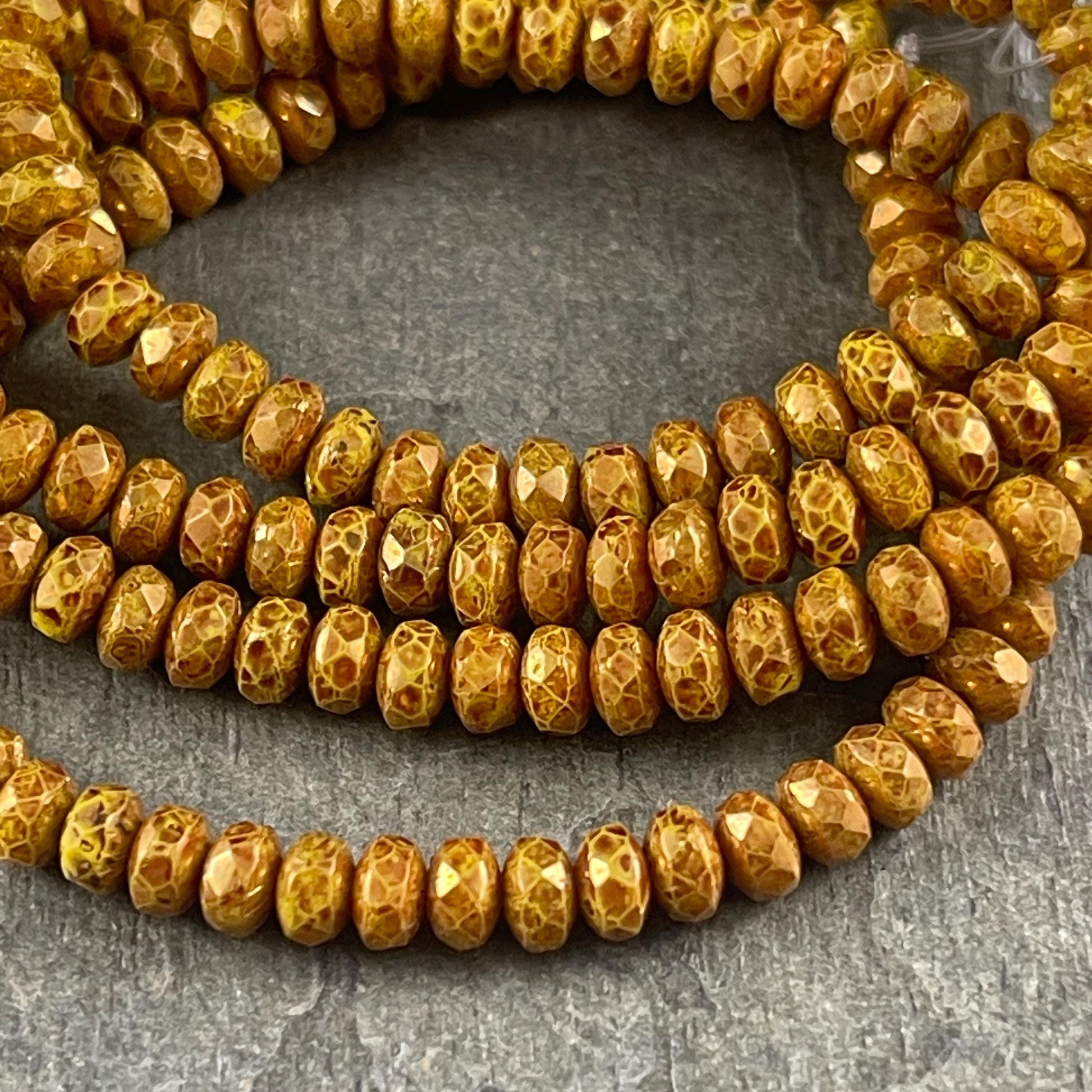 Czech Glass Beads - Dandelion Yellow Picasso Rondelles, Dark Yellow with Bronze Picasso Finish (RON3/N-2014) * Qty. 50