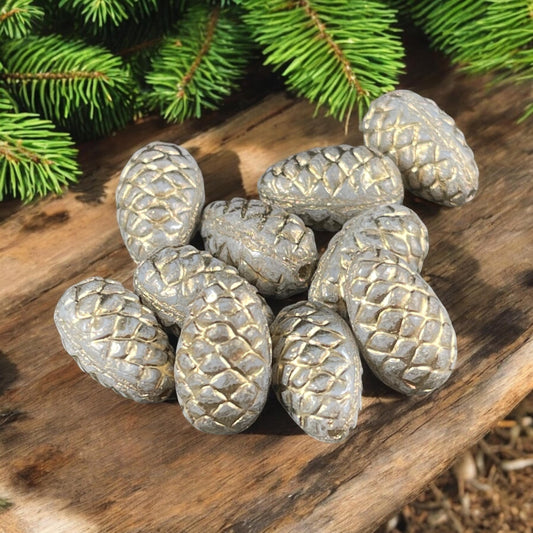 Small Pine Cone Czech Glass Beads, Opaque Ivory with Gold Finish (PC/RJ-5262) * 10 Beads