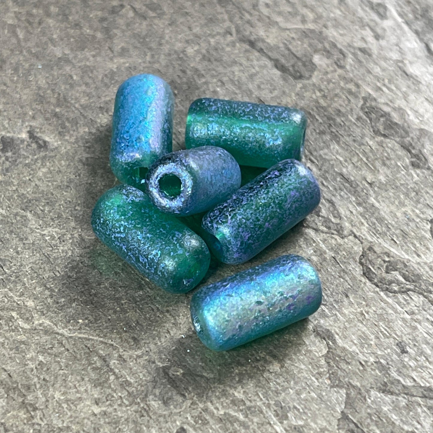 14x7mm Large Hole Czech Glass Tube Bead, Matte Emerald Green with AB Finish, 2mm Hole (TUBE/N-1746) * Qty. 10