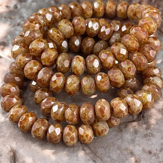 Brown Picasso Rondelle, Czech Glass Beads, 8x6mm Golden Brown Opaline with Full Picasso (R8/RJ-1520) * Qty. 25