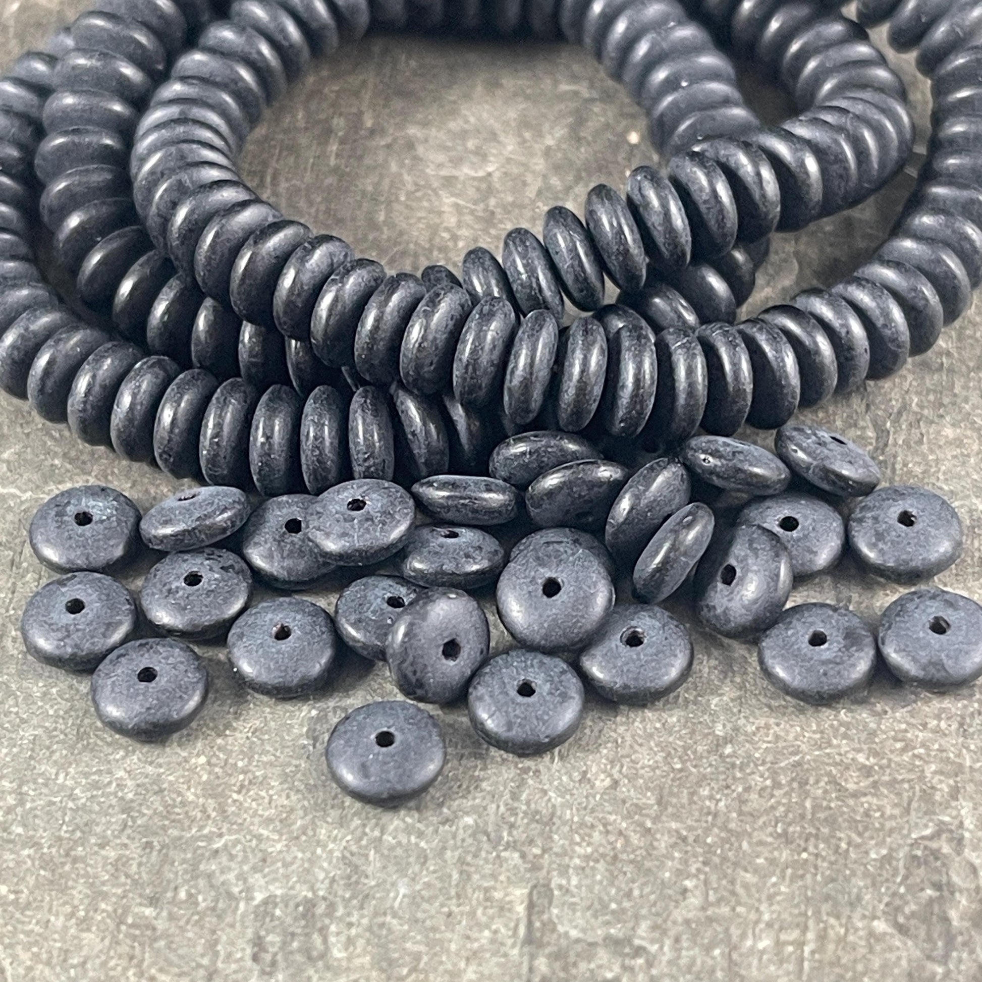 Matte Black 6x2mm Rondelle, Czech Glass Beads, Black Spacer Beads (RD6/RJ-3833) * Qty. 50