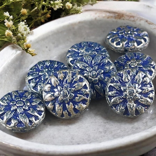 14mm Czech Glass Dahlia Flower Beads - Opaque Cobalt Blue with Silver Metallic Finish (FL14/RJ-5148) * Qty. 8