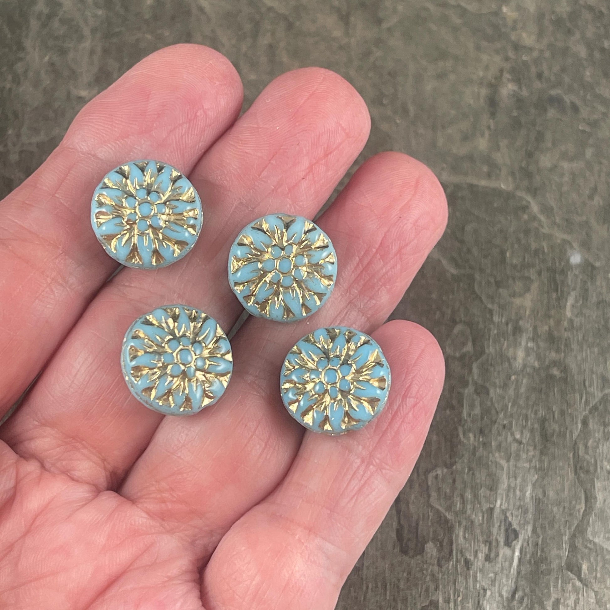 14mm Czech Glass Dahlia Flower Beads - Sky Blue Flower with Gold Wash (FL14/RJ-5159) * Qty. 8