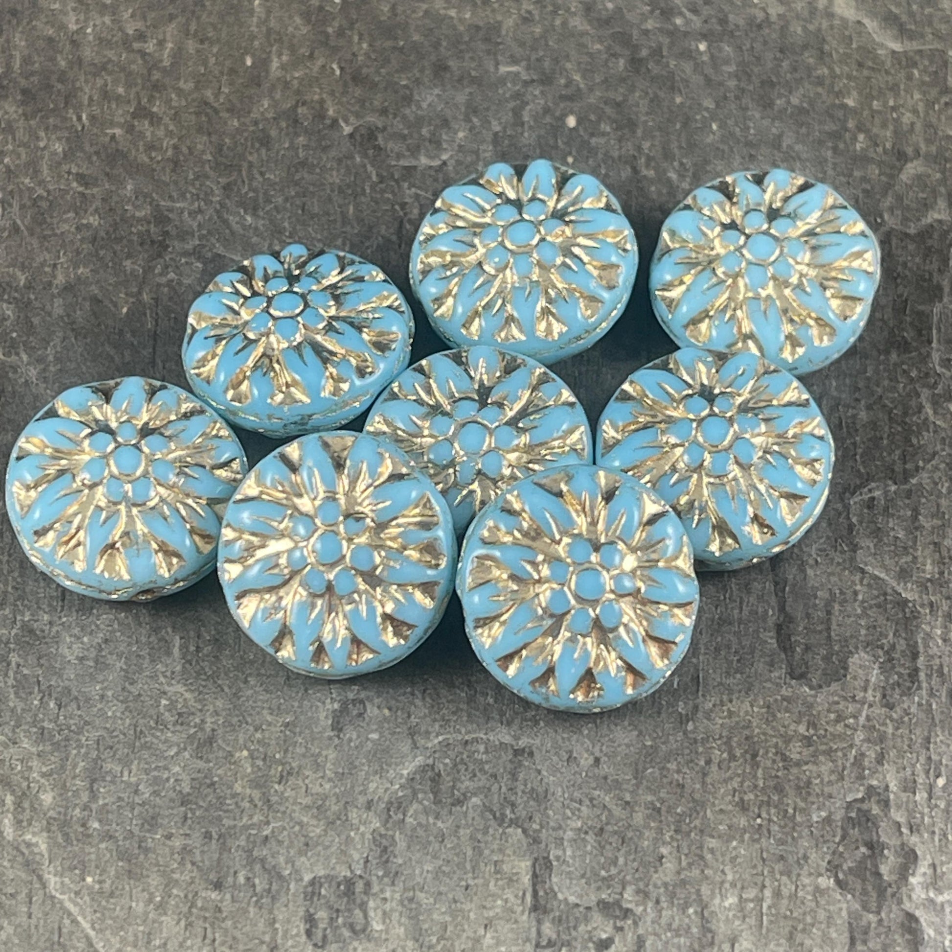 14mm Czech Glass Dahlia Flower Beads - Sky Blue Flower with Gold Wash (FL14/RJ-5159) * Qty. 8