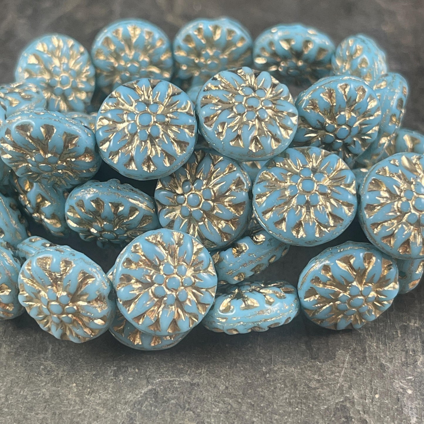 14mm Czech Glass Dahlia Flower Beads - Sky Blue Flower with Gold Wash (FL14/RJ-5159) * Qty. 8