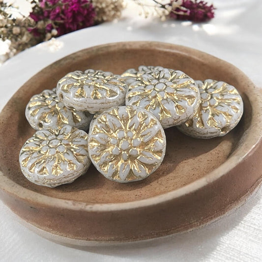 14mm Czech Glass Dahlia Flower Beads - Ivory White and Gold Flower (FL14/RJ-5140) * Qty. 8