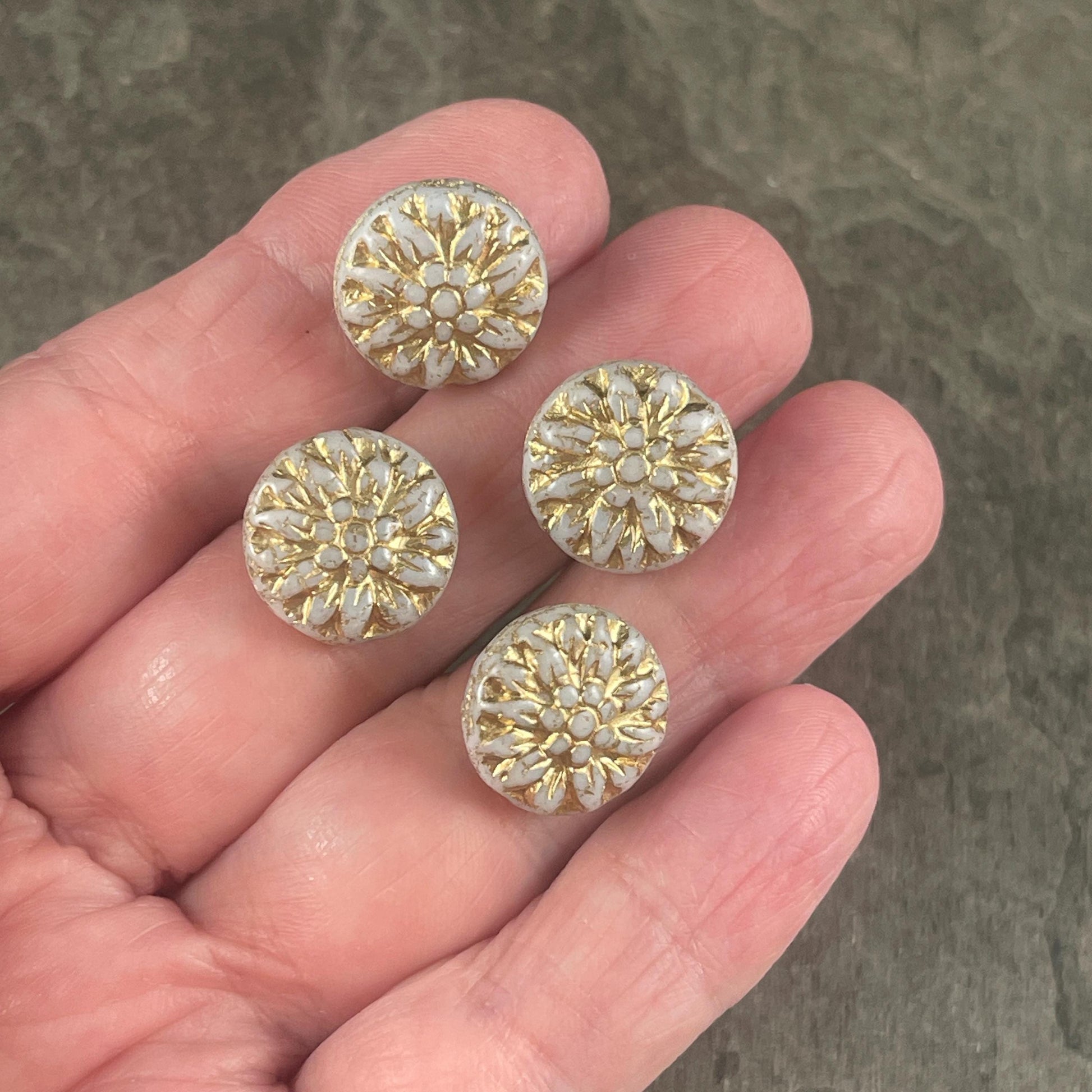 14mm Czech Glass Dahlia Flower Beads - Ivory White and Gold Flower (FL14/RJ-5140) * Qty. 8