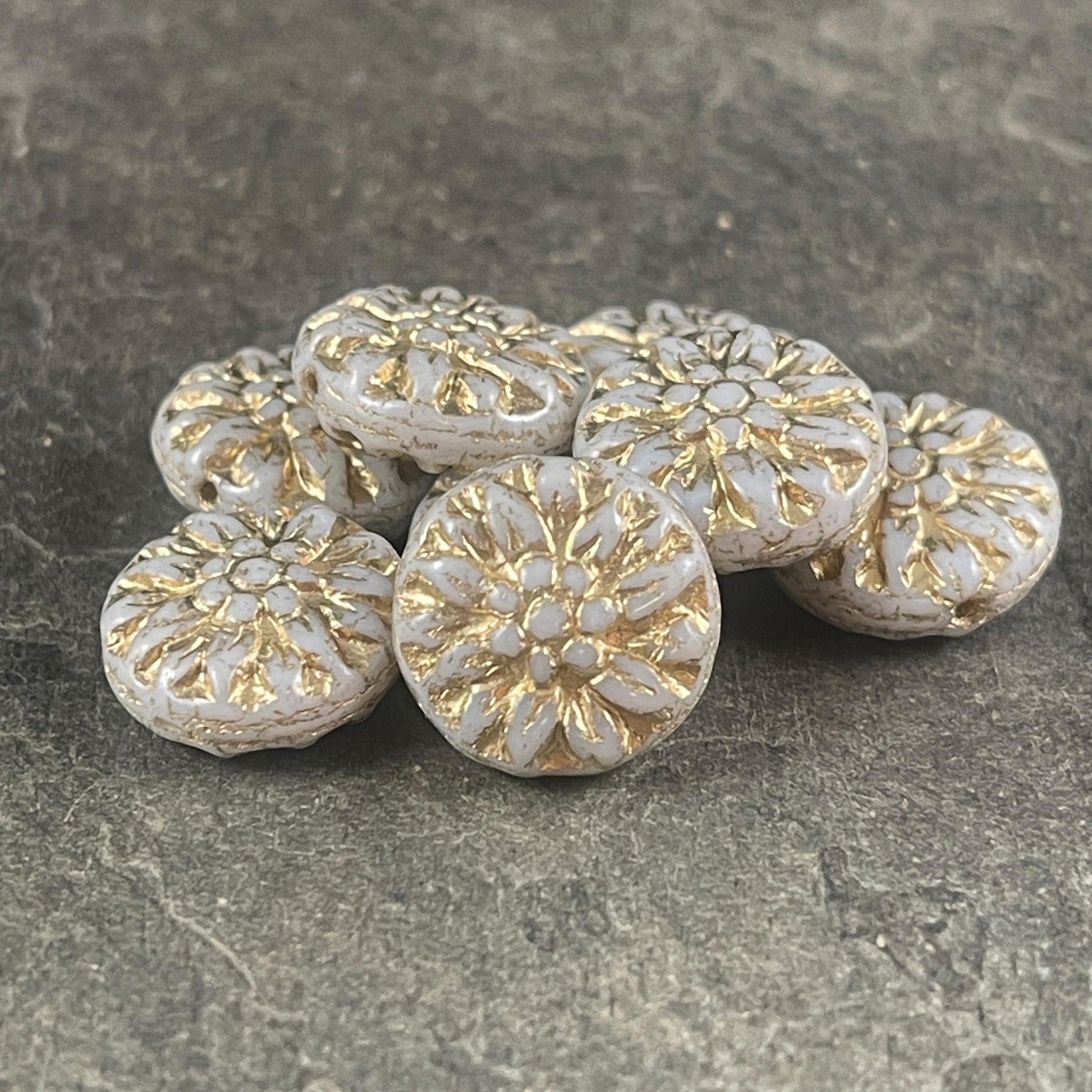 14mm Czech Glass Dahlia Flower Beads - Ivory White and Gold Flower (FL14/RJ-5140) * Qty. 8