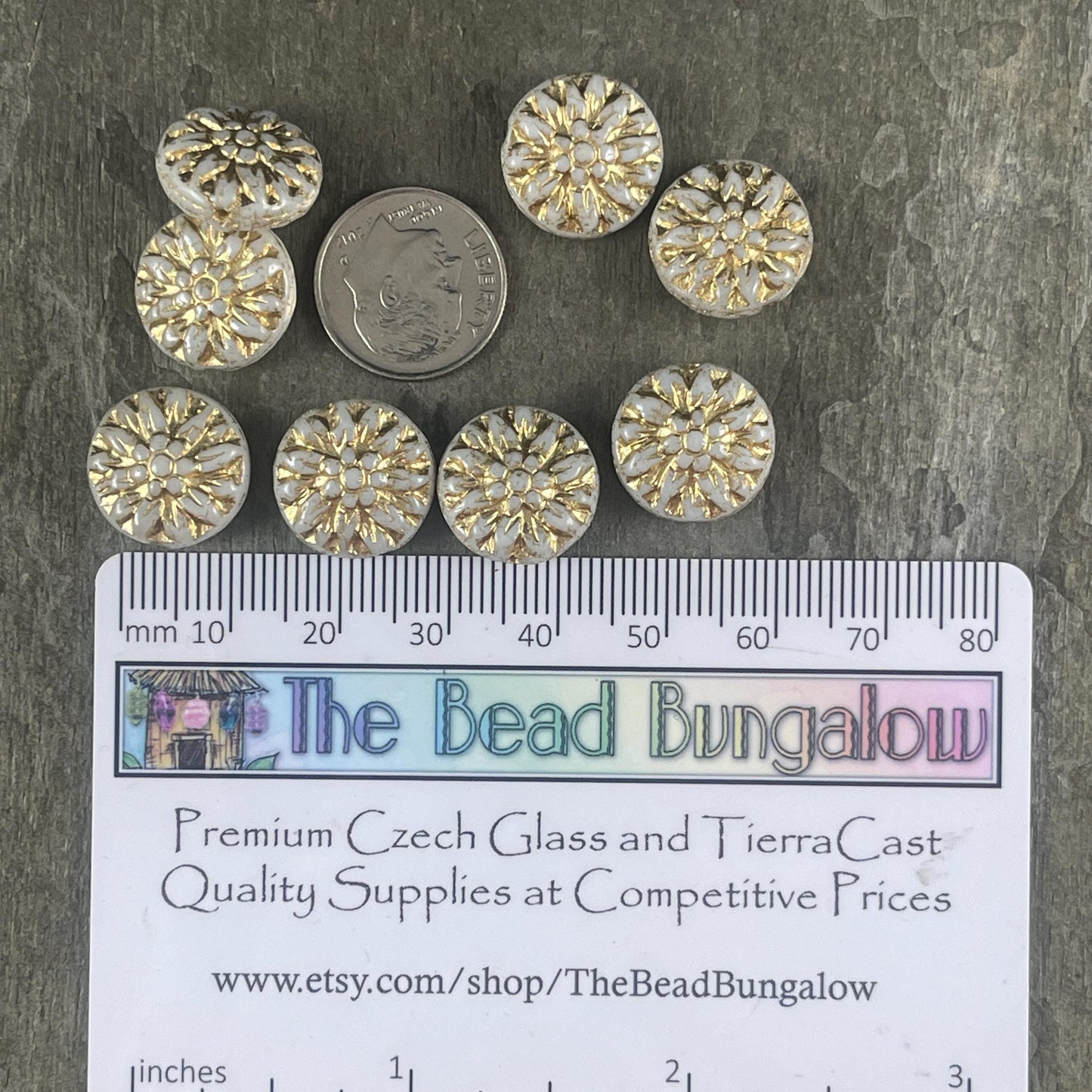 14mm Czech Glass Dahlia Flower Beads - Ivory White and Gold Flower (FL14/RJ-5140) * Qty. 8
