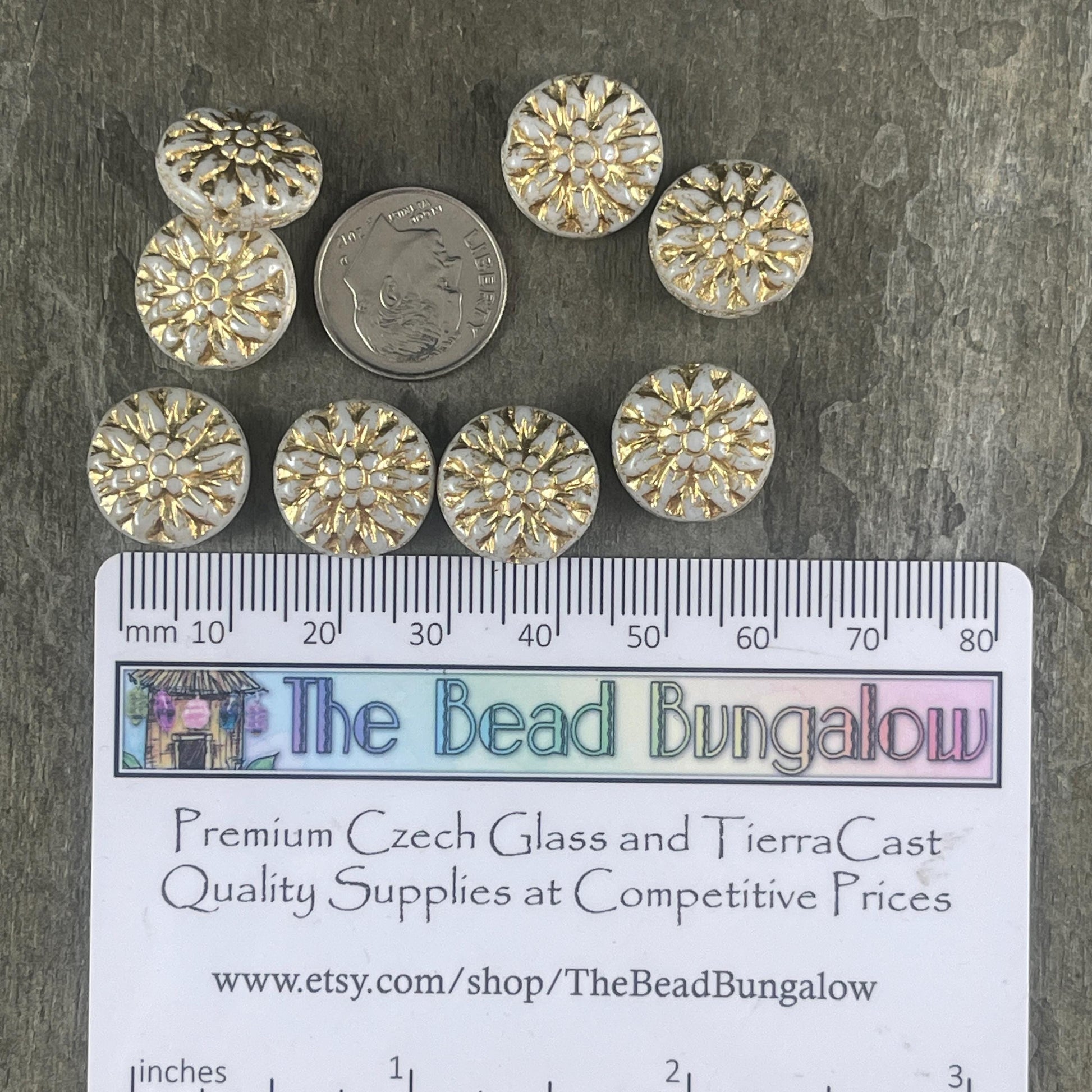 14mm Czech Glass Dahlia Flower Beads - Ivory White and Gold Flower (FL14/RJ-5140) * Qty. 8