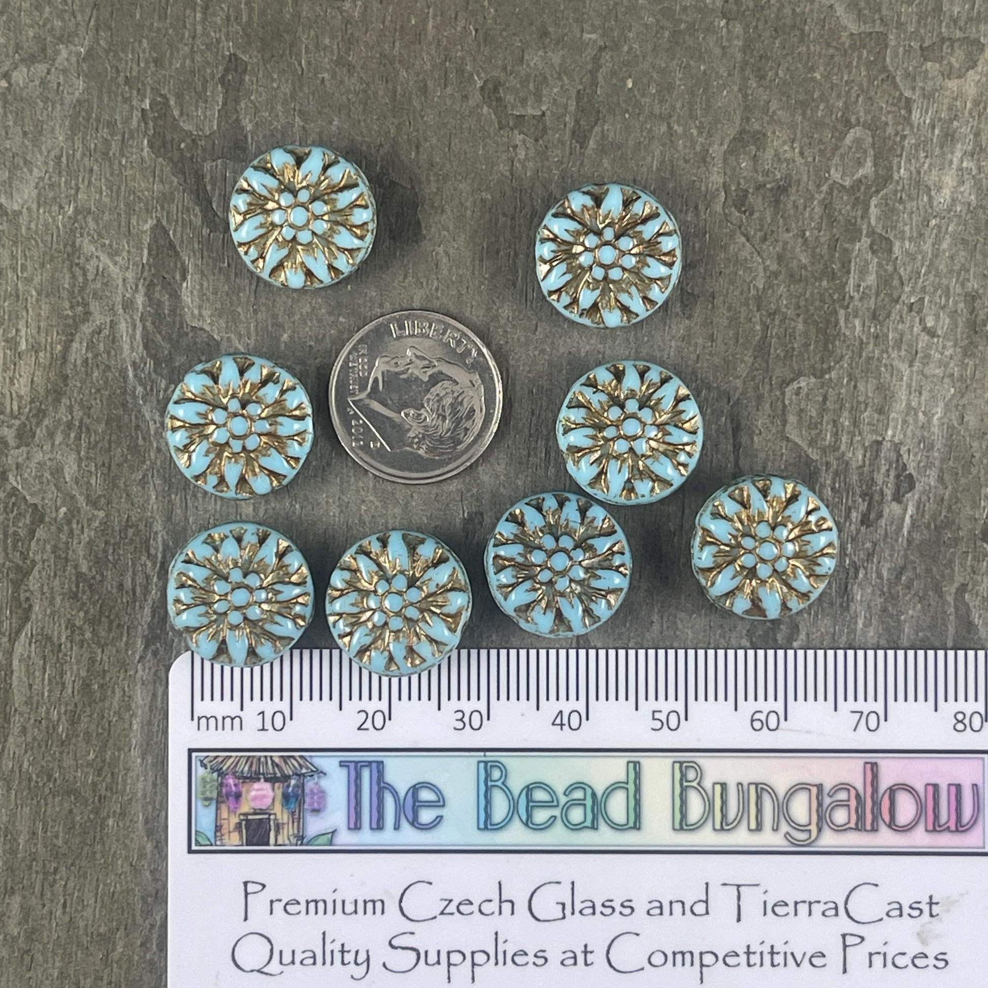 14mm Czech Glass Dahlia Flower Beads - Turquoise and Bronze Flower (FL14/RJ-5162) * Qty. 8