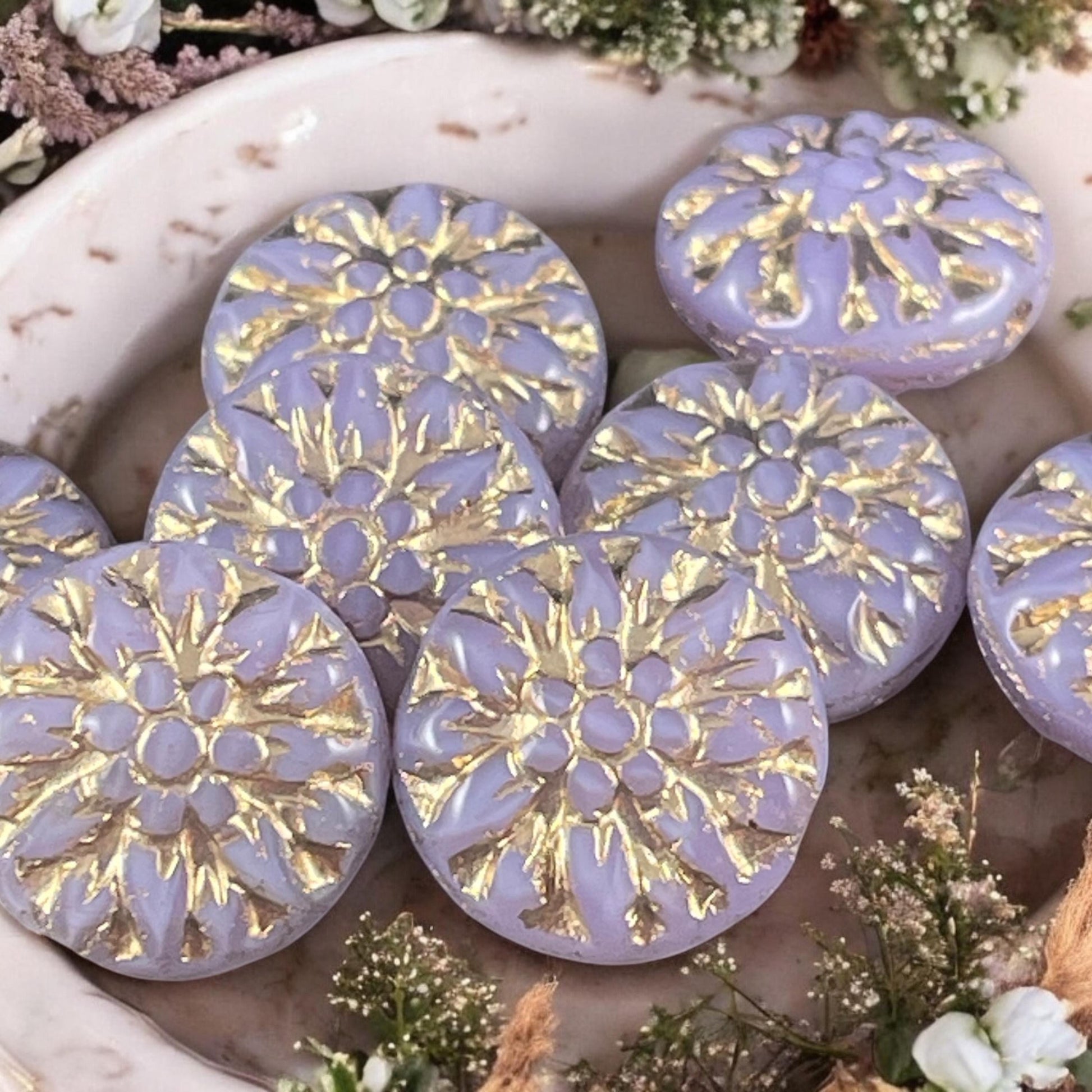 14mm Czech Glass Dahlia Flower Beads - Lilac Purple Opaline Flower with Gold Wash (FL14/RJ-5158) * Qty. 8