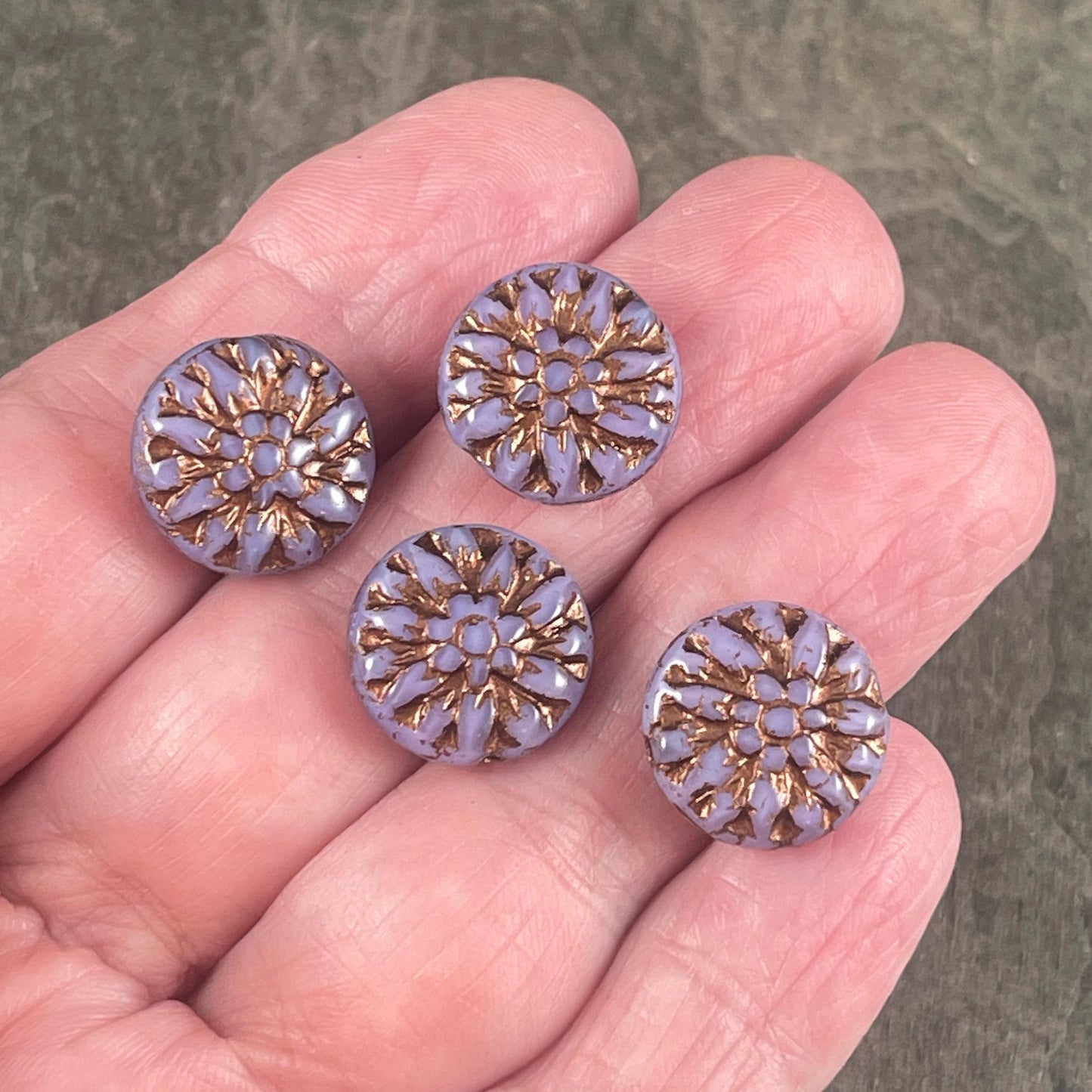 14mm Czech Glass Dahlia Flower Beads - Lavender Flower with Dark Bronze Wash (FL14/RJ-5163) * Qty. 8