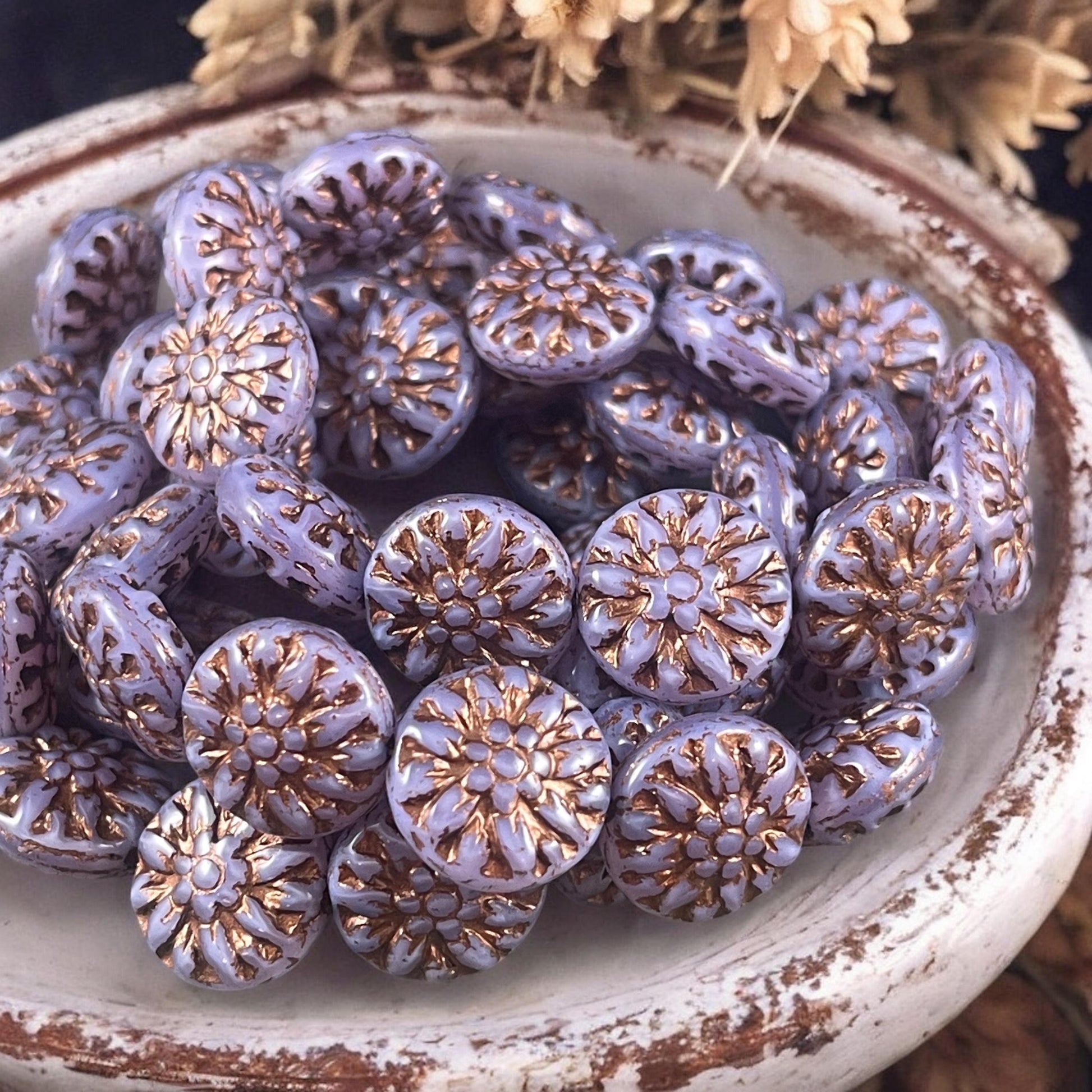 14mm Czech Glass Dahlia Flower Beads - Lavender Flower with Dark Bronze Wash (FL14/RJ-5163) * Qty. 8