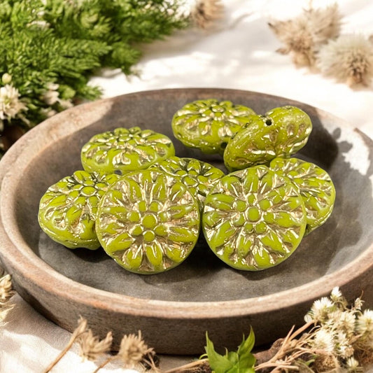 14mm Czech Glass Dahlia Flower Beads - Avocado Green Flower with Gold Wash (FL14/RJ-5139) * Qty. 8