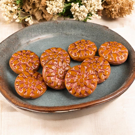 14mm Czech Glass Dahlia Flower Beads - Ochre Orange Flower with Copper Wash (FL14/RJ-5168) * Qty. 8