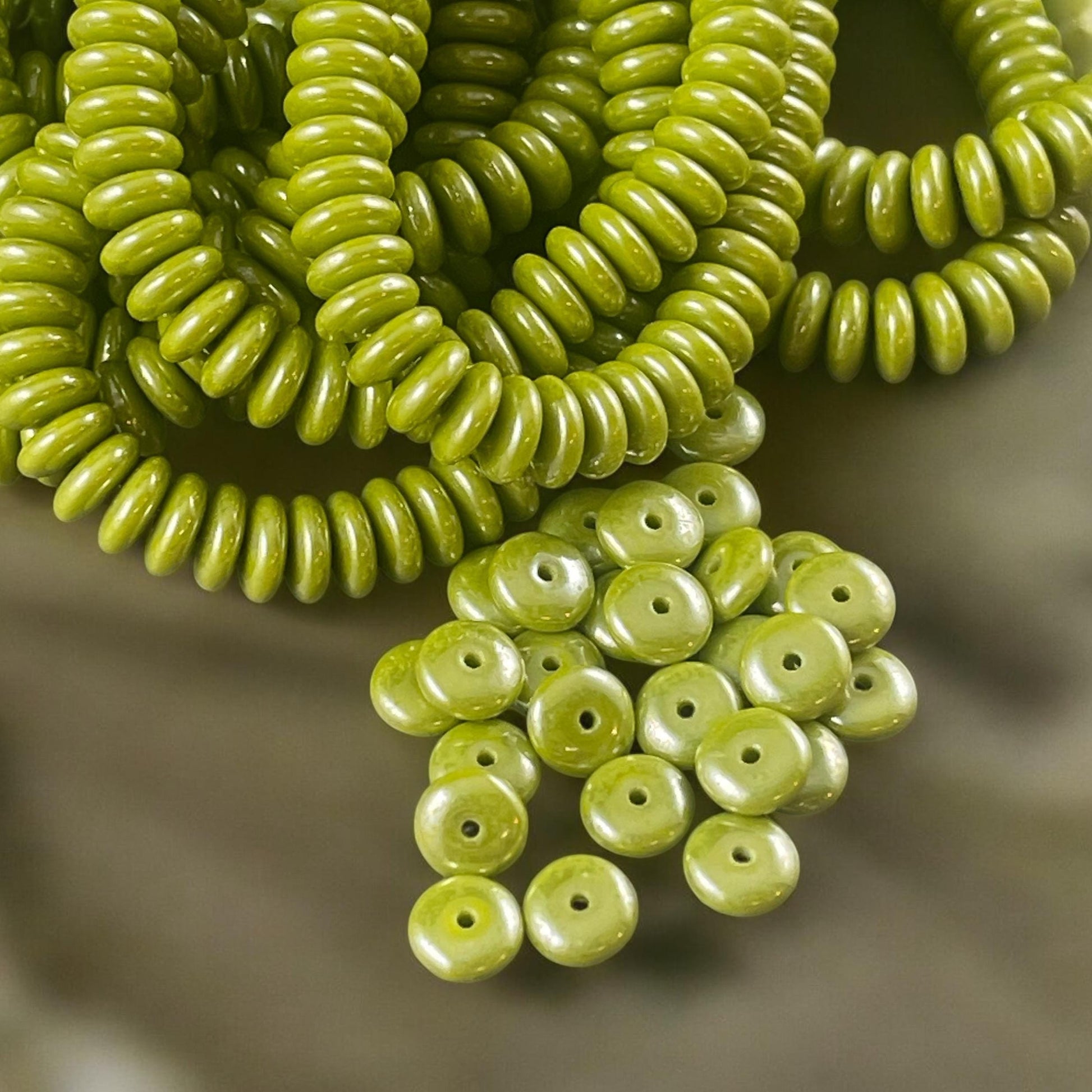 Chartreuse Green Beads, 6x2mm Rondelle, Avocado Green with White Luster Czech Glass Beads (RD6/RJ-4770) * Qty. 50