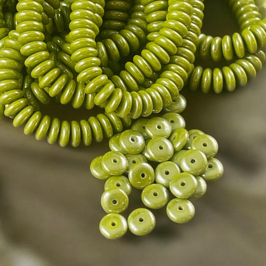 Chartreuse Green Beads, 6x2mm Rondelle, Avocado Green with White Luster Czech Glass Beads (RD6/RJ-4770) * Qty. 50