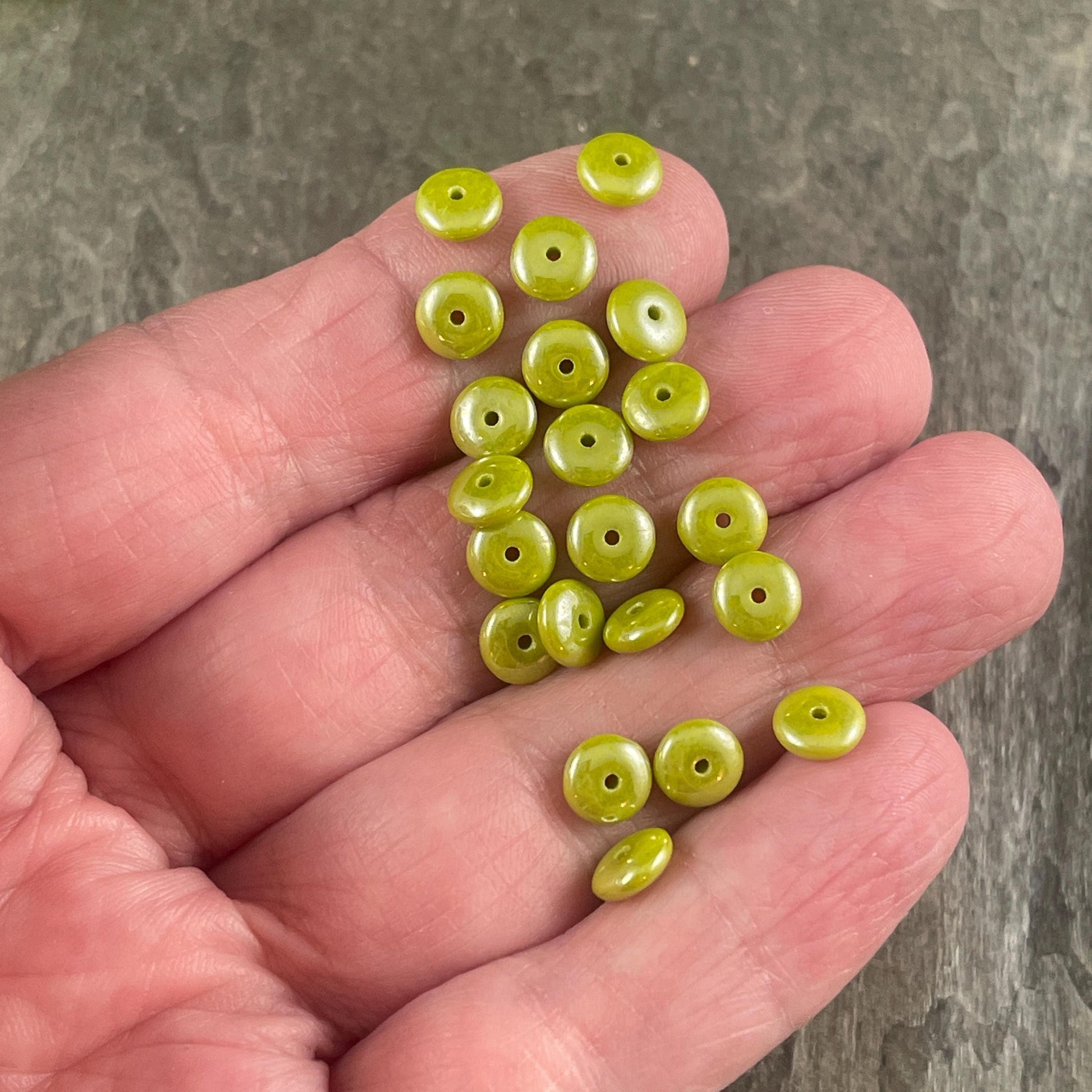 Chartreuse Green Beads, 6x2mm Rondelle, Avocado Green with White Luster Czech Glass Beads (RD6/RJ-4770) * Qty. 50