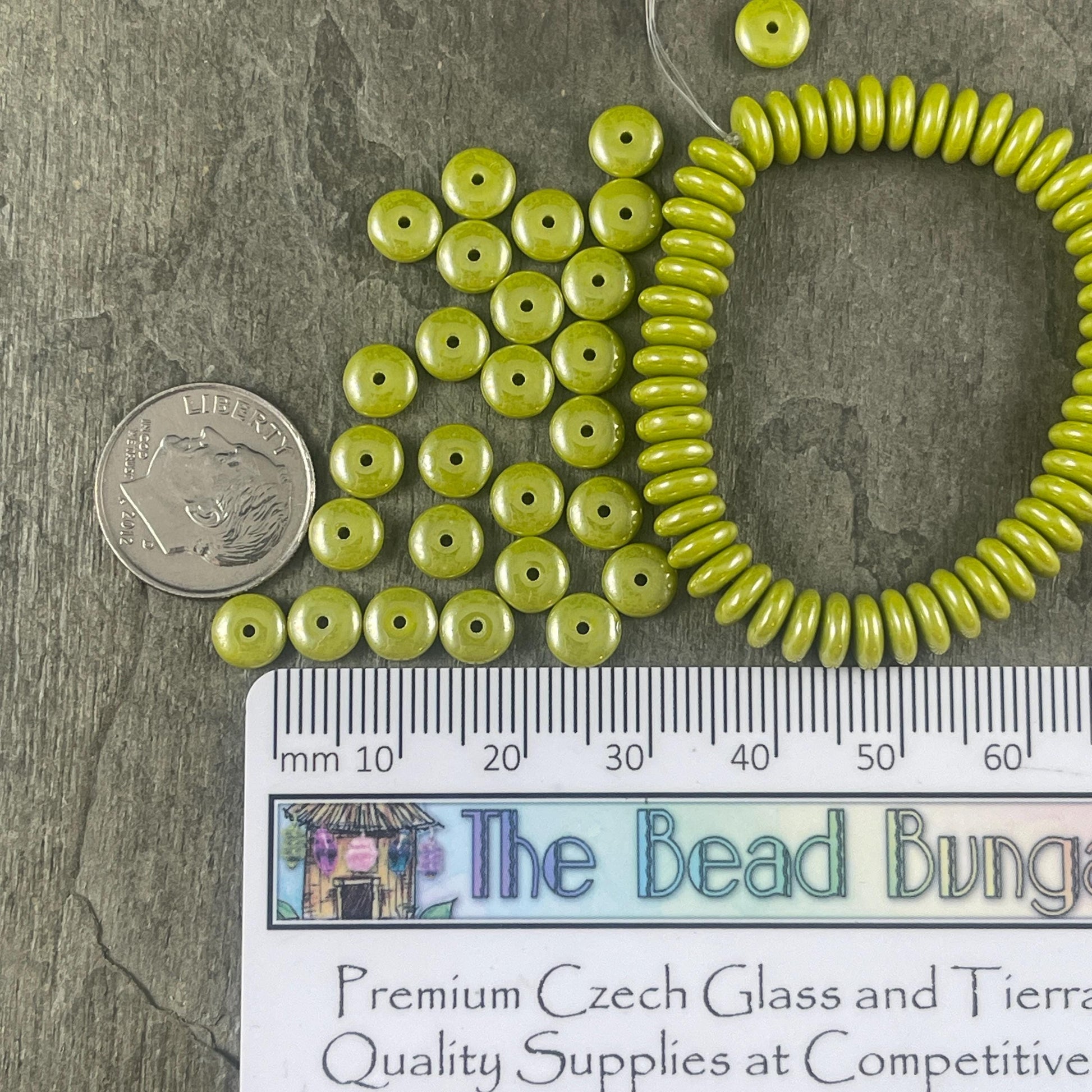 Chartreuse Green Beads, 6x2mm Rondelle, Avocado Green with White Luster Czech Glass Beads (RD6/RJ-4770) * Qty. 50