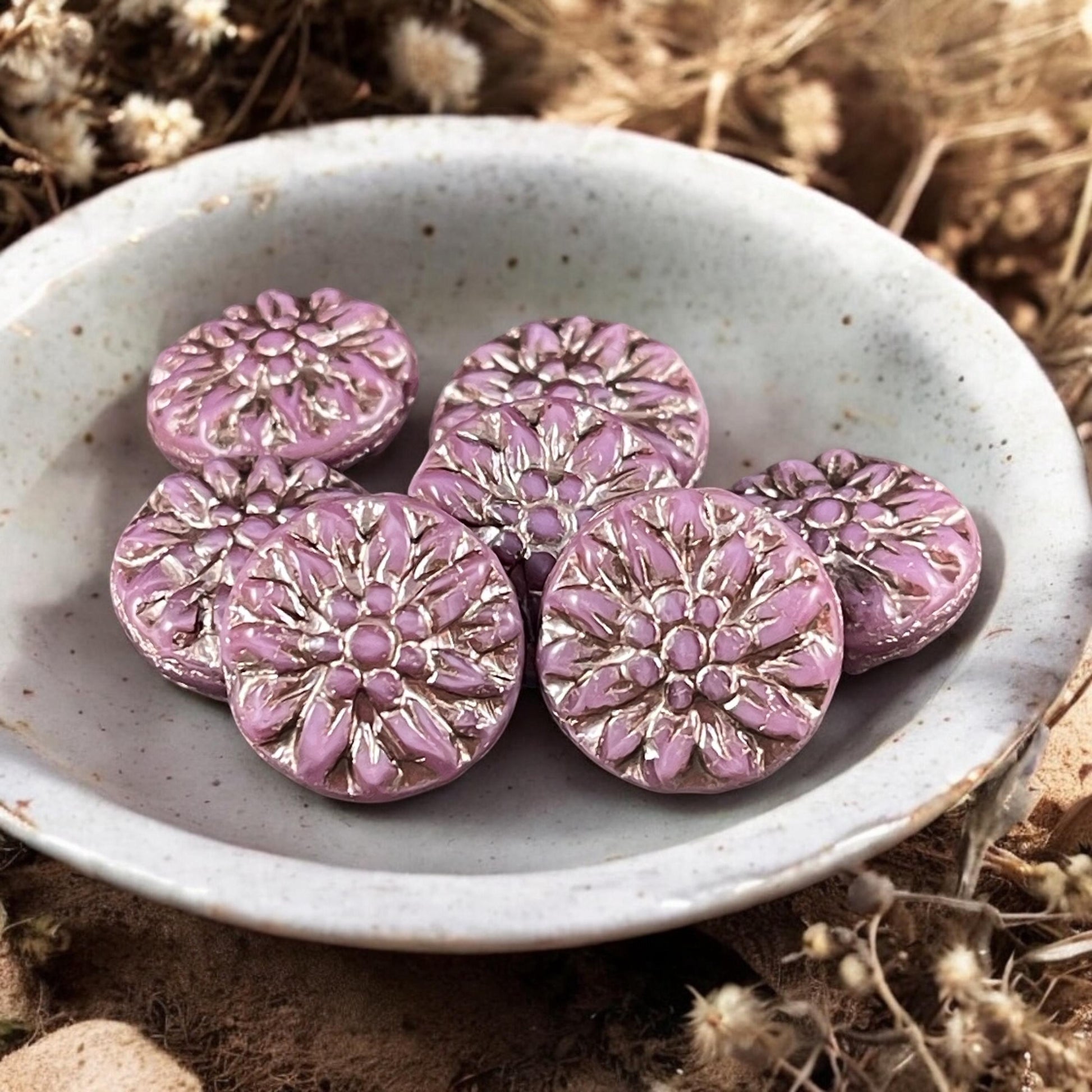 14mm Czech Glass Dahlia Flower Beads - Opaque Rose Pink Flower with Platinum Wash (FL14/RJ-5150) * Qty. 8