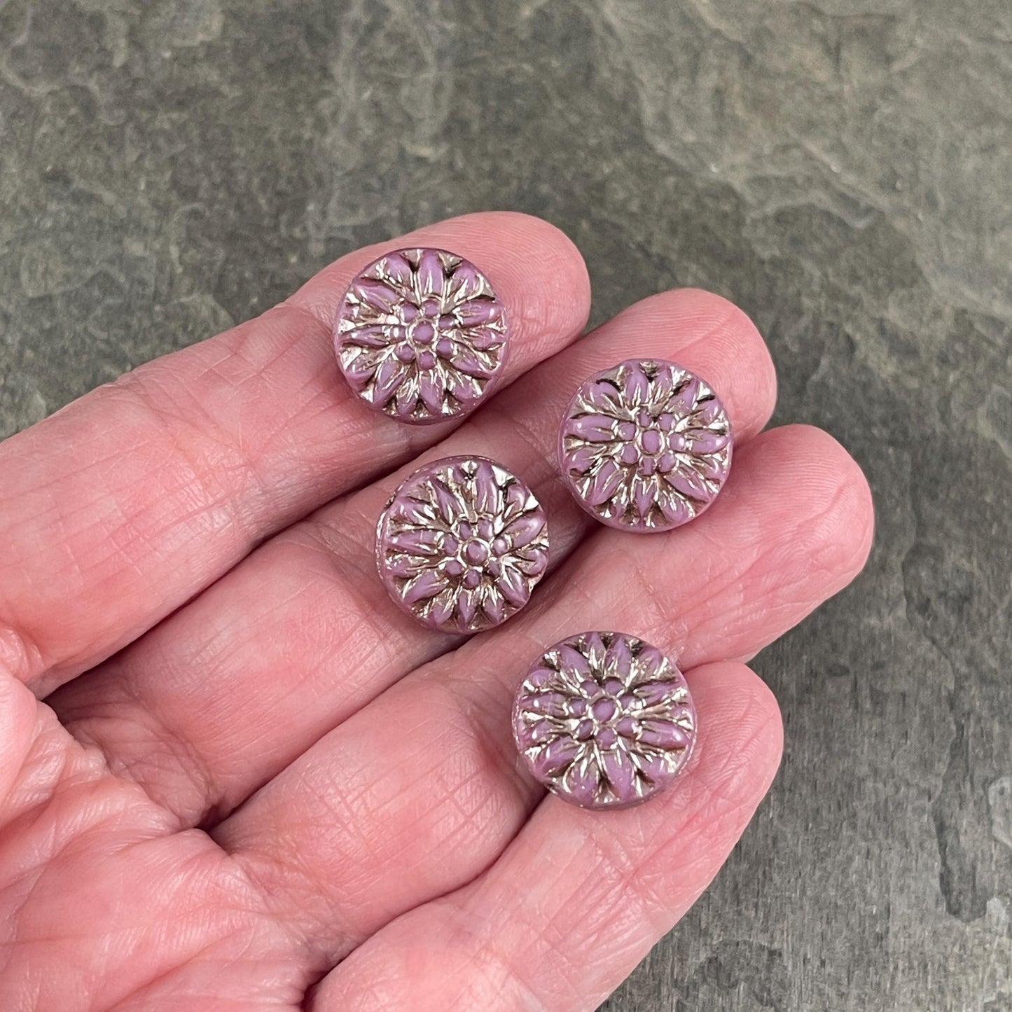 14mm Czech Glass Dahlia Flower Beads - Opaque Rose Pink Flower with Platinum Wash (FL14/RJ-5150) * Qty. 8