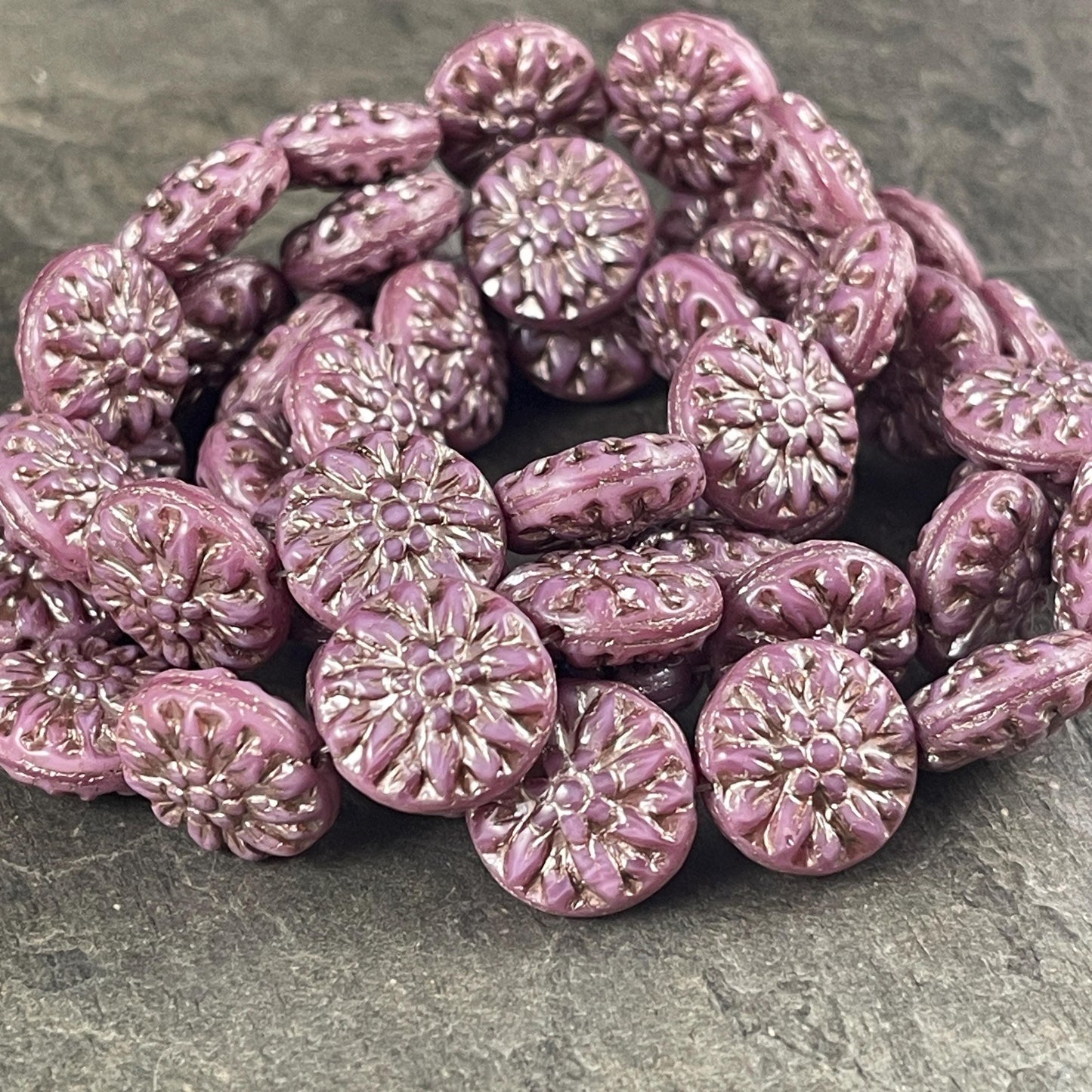 14mm Czech Glass Dahlia Flower Beads - Opaque Rose Pink Flower with Platinum Wash (FL14/RJ-5150) * Qty. 8