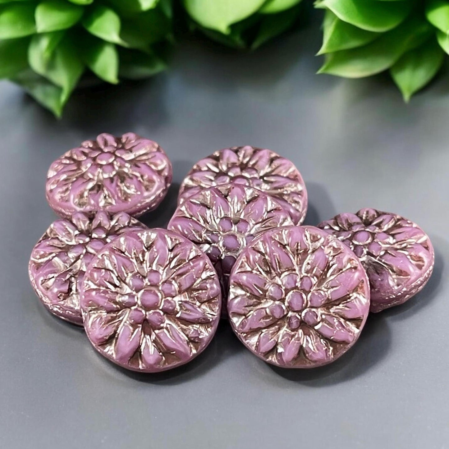 14mm Czech Glass Dahlia Flower Beads - Opaque Rose Pink Flower with Platinum Wash (FL14/RJ-5150) * Qty. 8