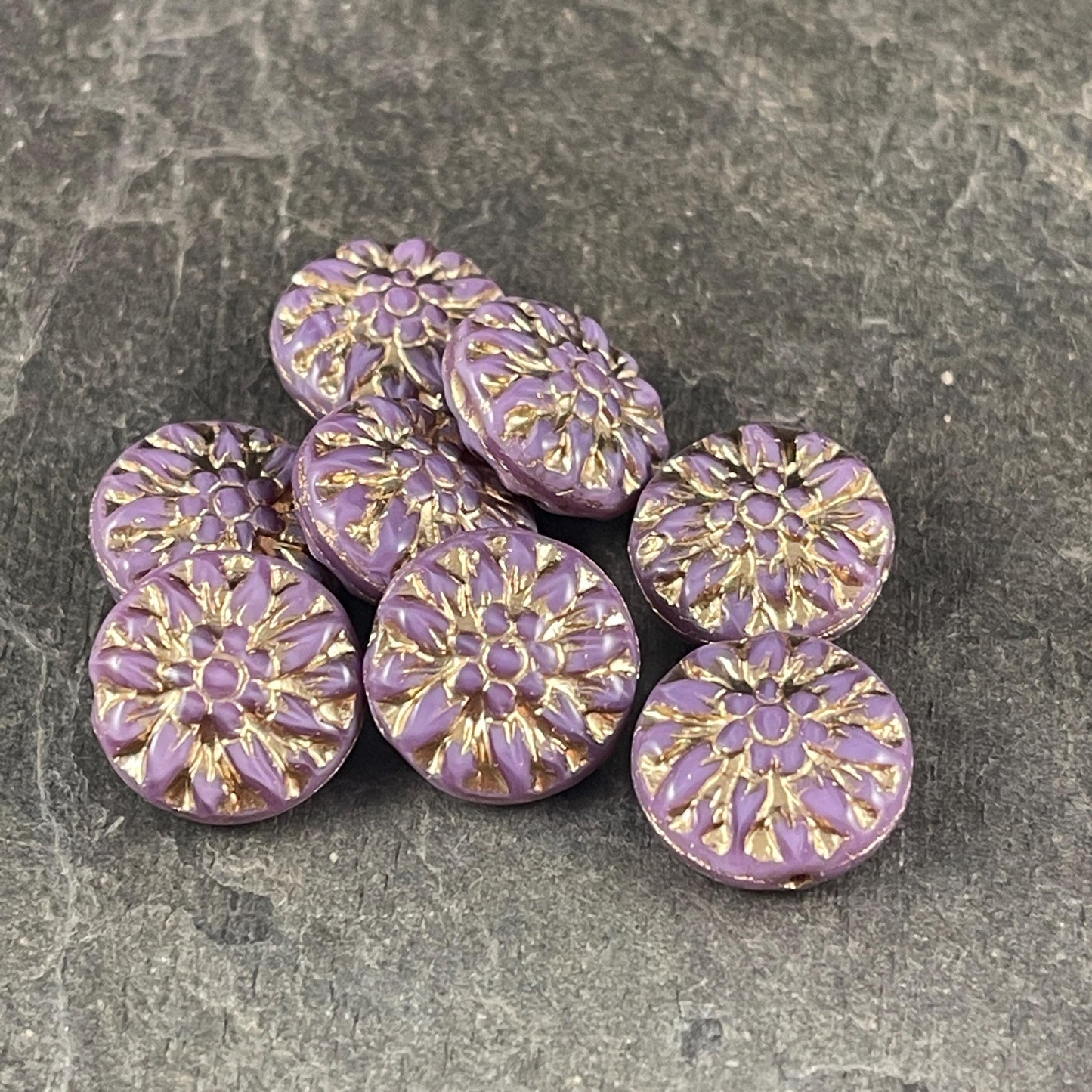 14mm Czech Glass Dahlia Flower Beads - Purple Silk Flower with Gold Wash (FL14/RJ-5161) * Qty. 8