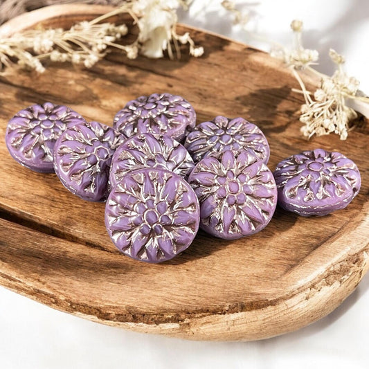 14mm Czech Glass Dahlia Flower Beads - Purple Silk Flower with Platinum Wash (FL14/RJ-5165) * Qty. 8