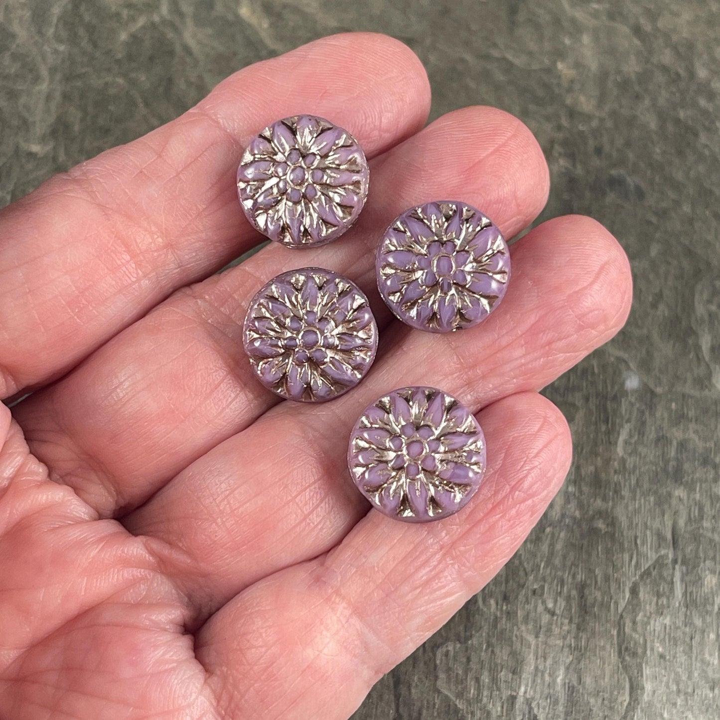 14mm Czech Glass Dahlia Flower Beads - Purple Silk Flower with Platinum Wash (FL14/RJ-5165) * Qty. 8