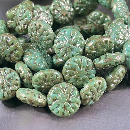 14mm Czech Glass Dahlia Flower Beads - Light Turquoise Blue Flower with Picasso and AB Finishes (FL14/RJ-5147) * Qty. 8