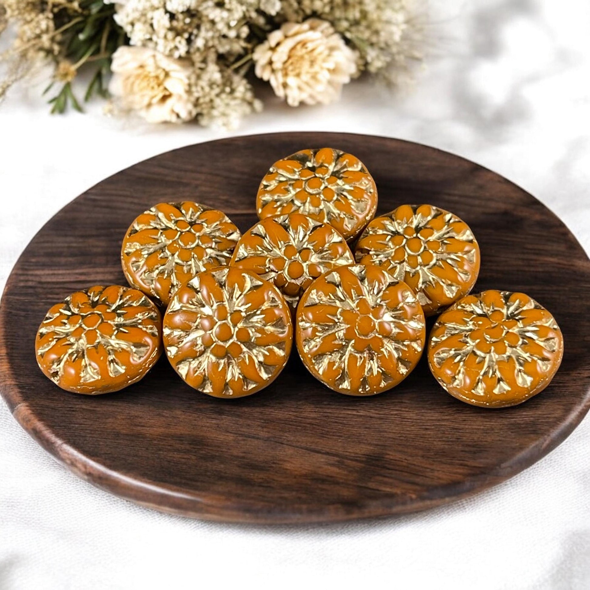 14mm Czech Glass Dahlia Flower Beads - Ochre Orange Flower with Gold Wash (FL14/RJ-5141) * Qty. 8