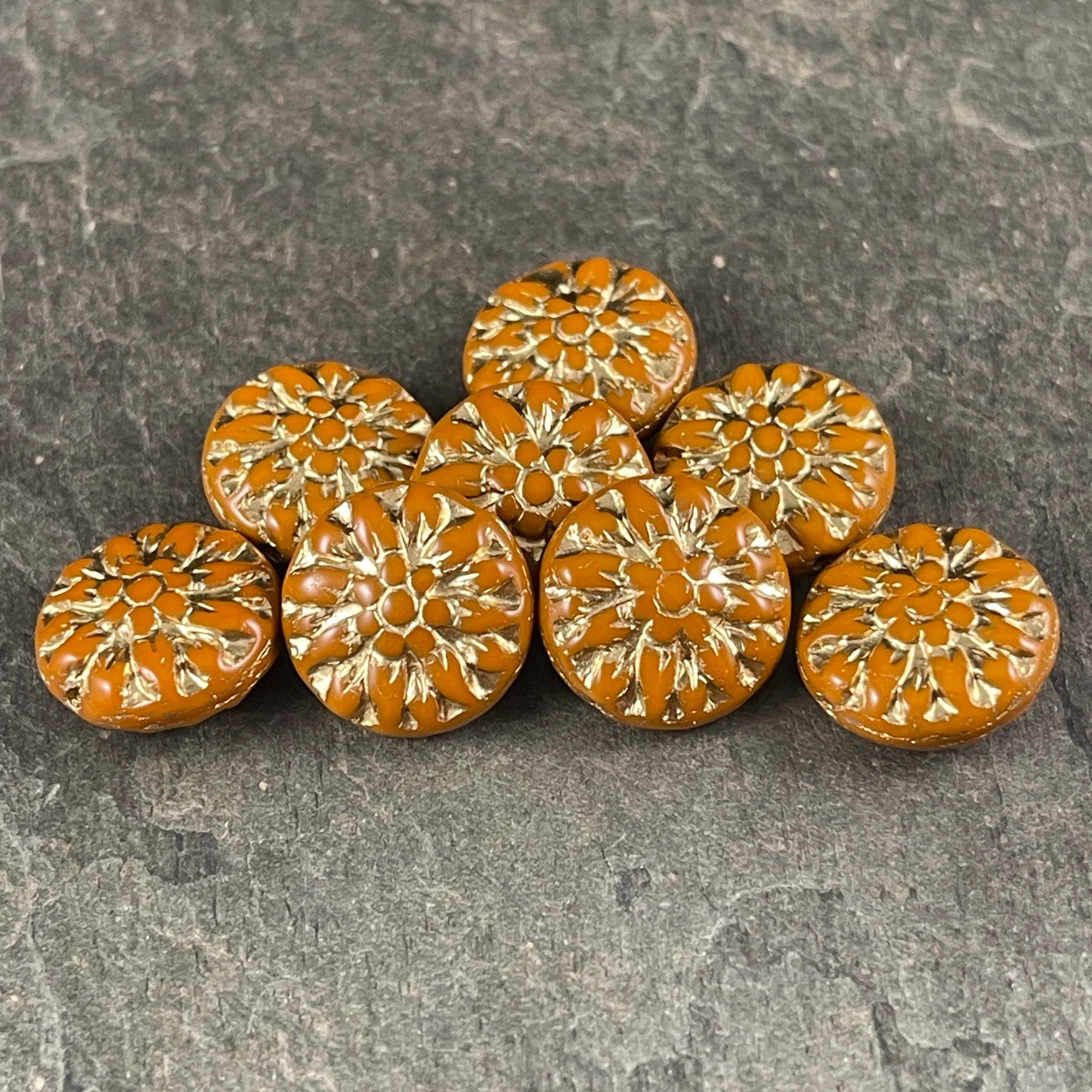 14mm Czech Glass Dahlia Flower Beads - Ochre Orange Flower with Gold Wash (FL14/RJ-5141) * Qty. 8