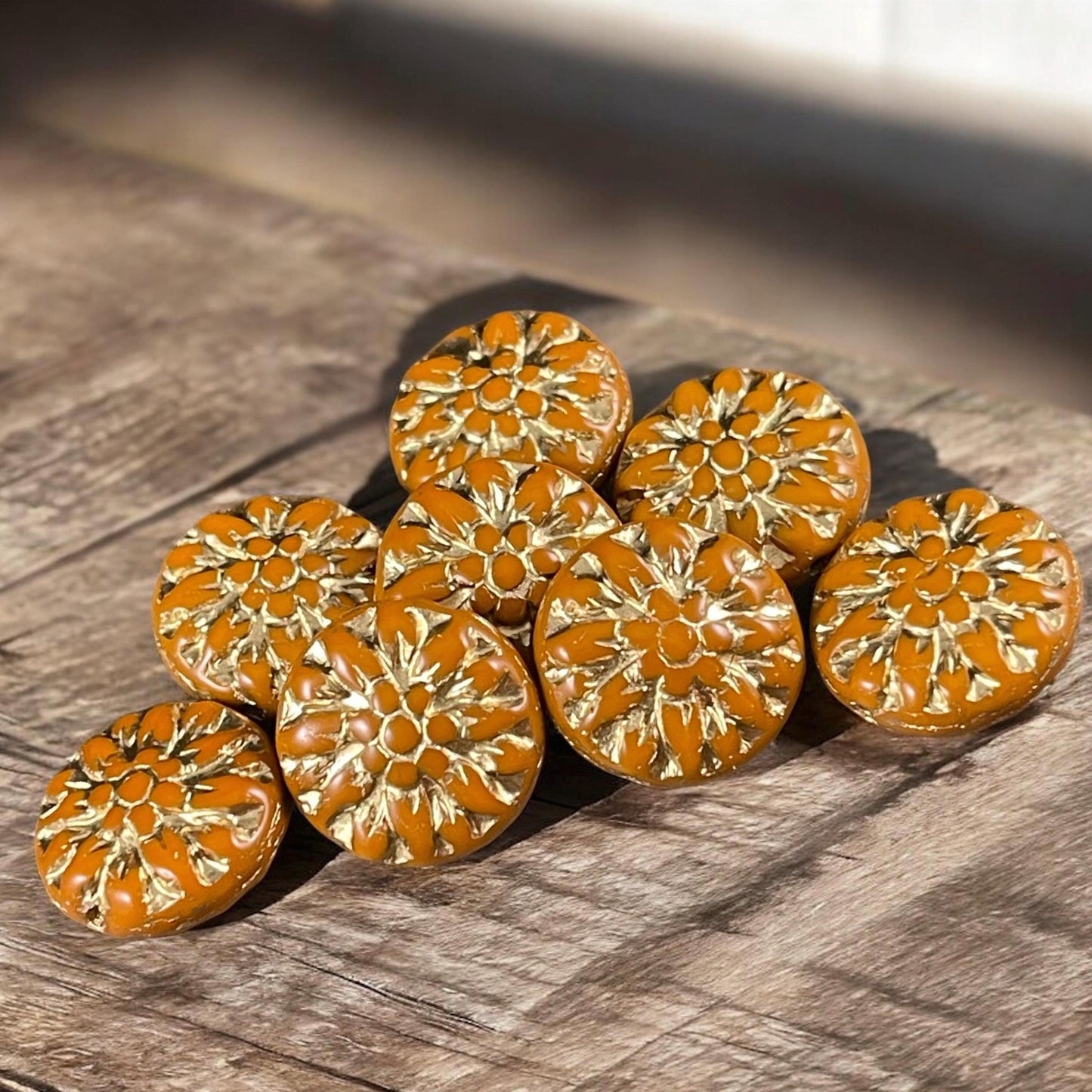 14mm Czech Glass Dahlia Flower Beads - Ochre Orange Flower with Gold Wash (FL14/RJ-5141) * Qty. 8