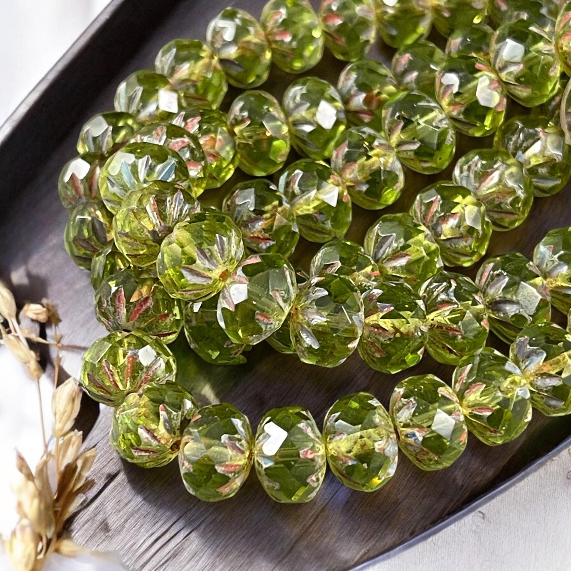 Peridot Green Czech Glass Beads, 6x9mm Faceted Cruller - Transparent Olive Green Picasso Rondelles (CR9/N-0438) * Qty. 10