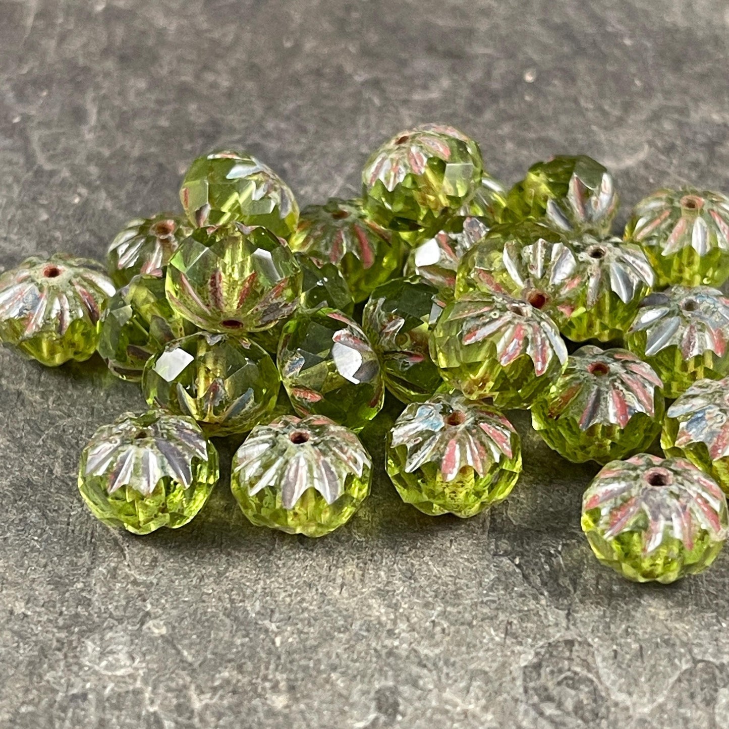 Peridot Green Czech Glass Beads, 6x9mm Faceted Cruller - Transparent Olive Green Picasso Rondelles (CR9/N-0438) * Qty. 10