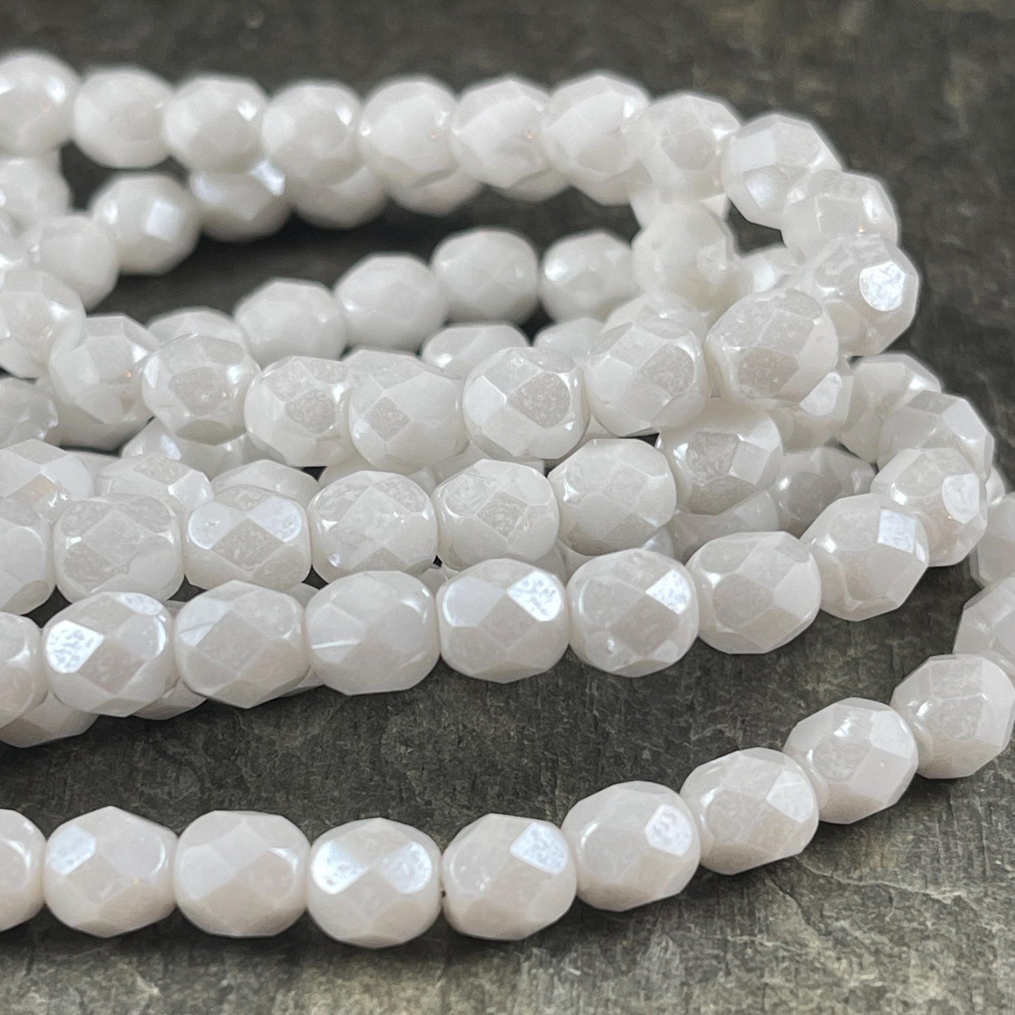 6mm White Czech Glass Beads ~ Faceted Round Glass Fire Polished Beads with Luster Finish (FP6/N-160) * Qty 25