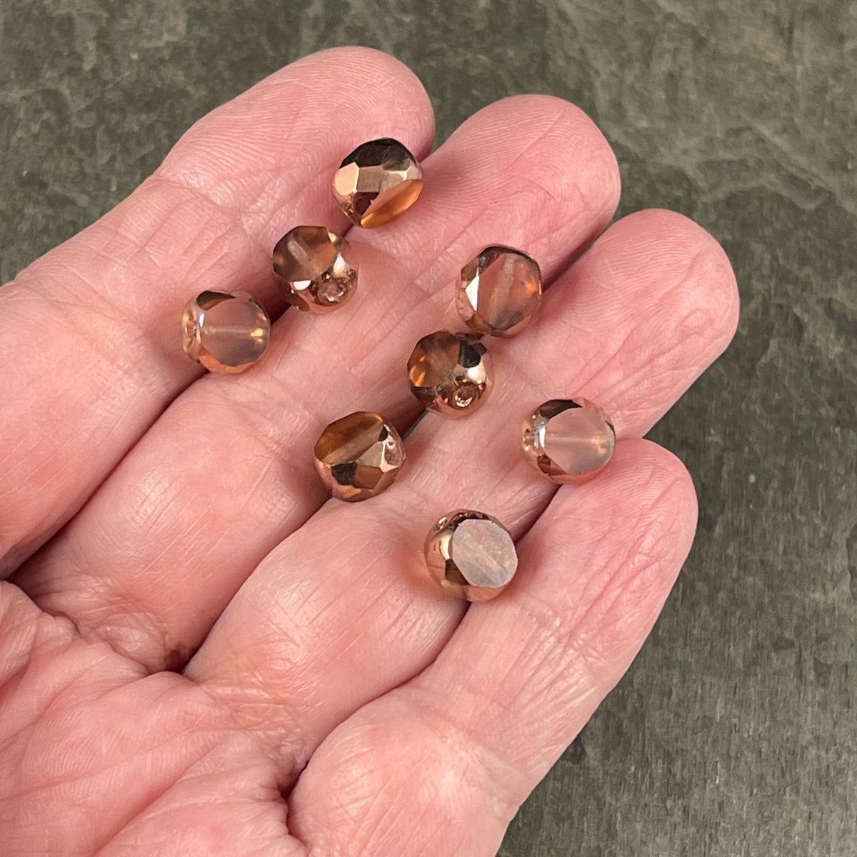 Transparent Salmon Pink and Copper 8mm Table Cut Beads, Czech Glass Faceted Oval Bead (FAS/N-1262) * Qty. 15