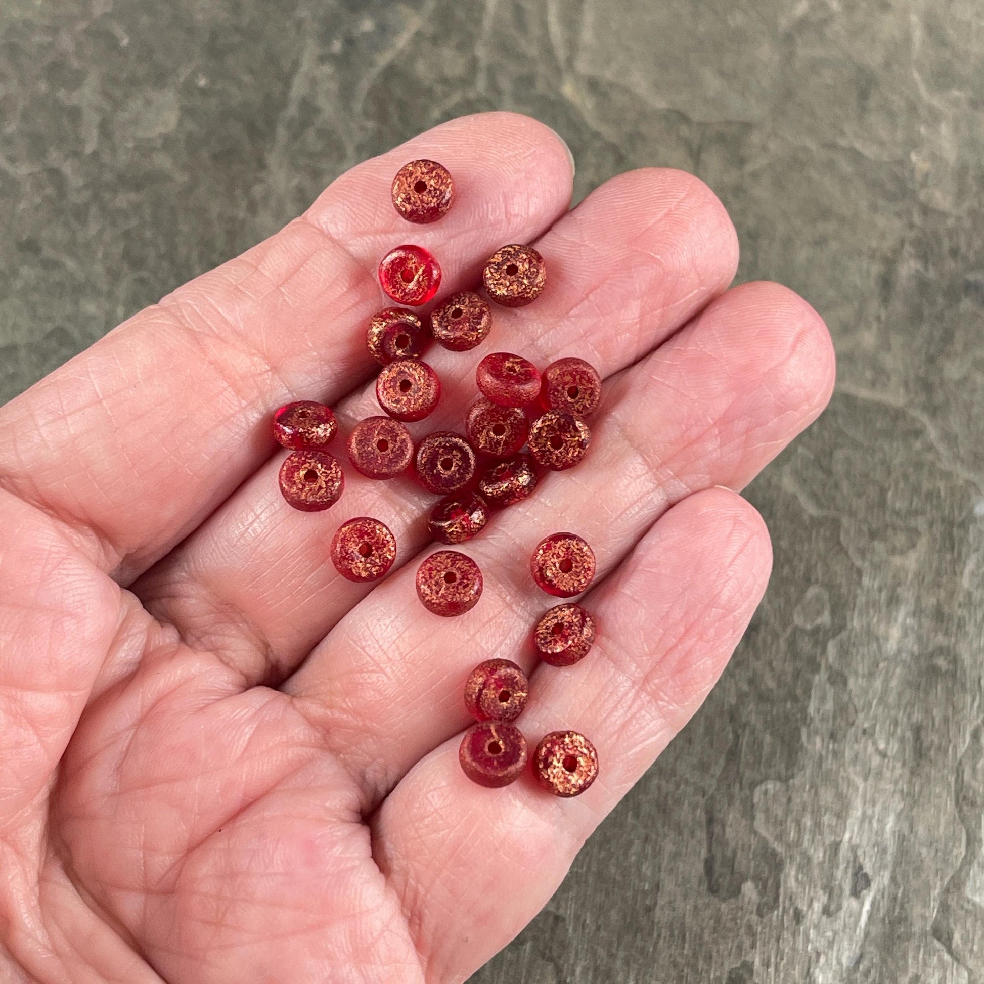 6mm Etched Red Heishi Rondelle, Czech Glass Beads, Red with Copper Wash (HSH/N-1887) * 40 Beads