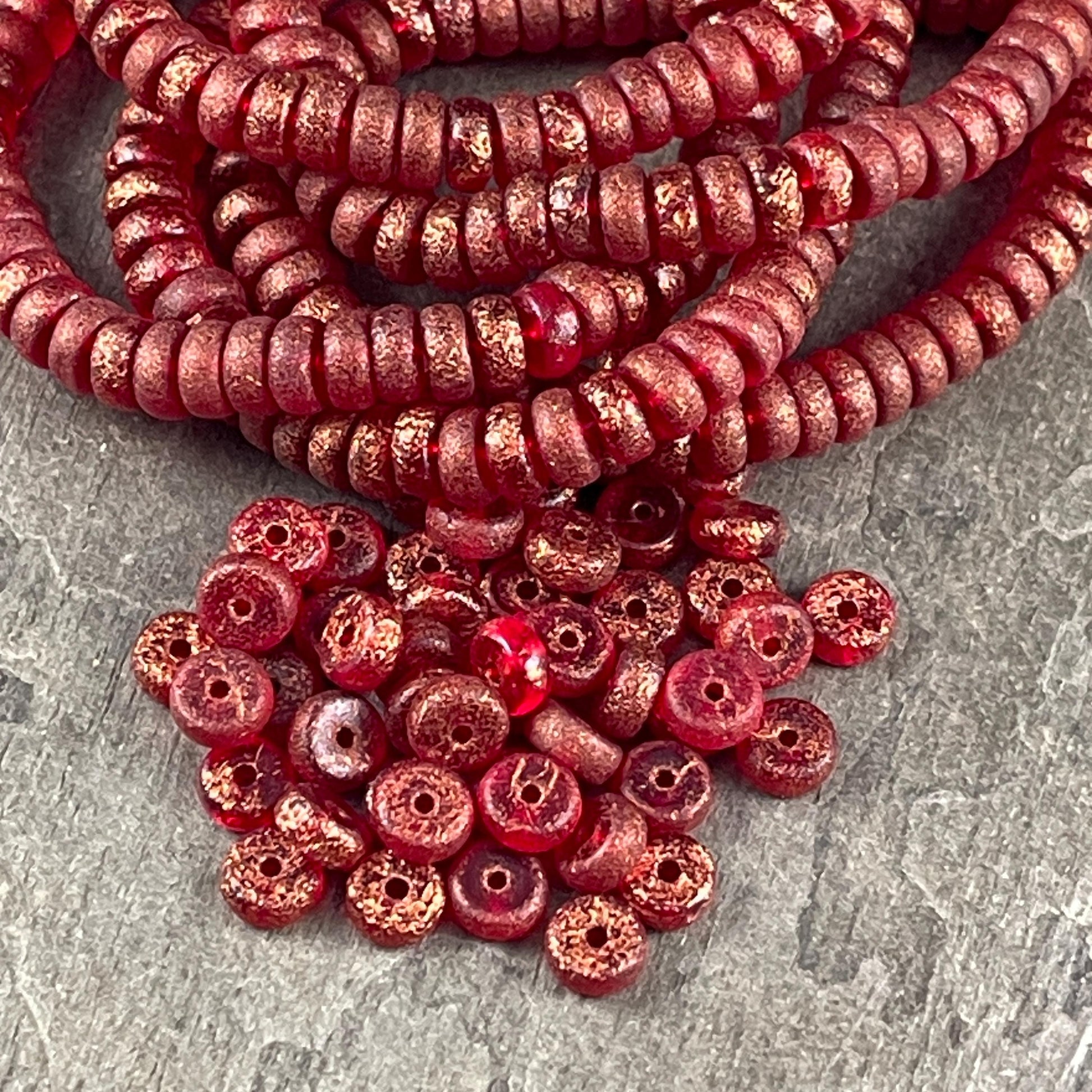 6mm Etched Red Heishi Rondelle, Czech Glass Beads, Red with Copper Wash (HSH/N-1887) * 40 Beads