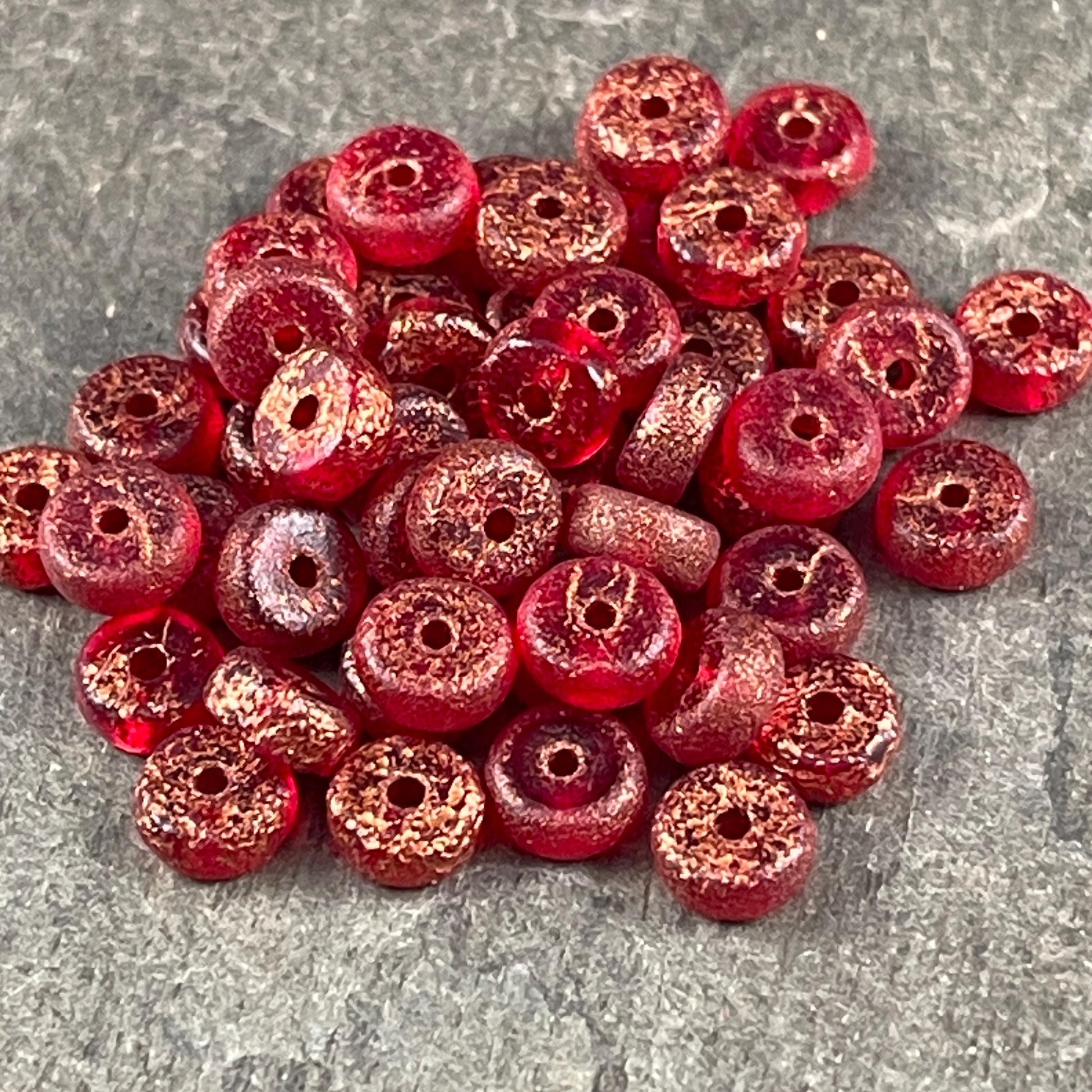 6mm Etched Red Heishi Rondelle, Czech Glass Beads, Red with Copper Wash (HSH/N-1887) * 40 Beads