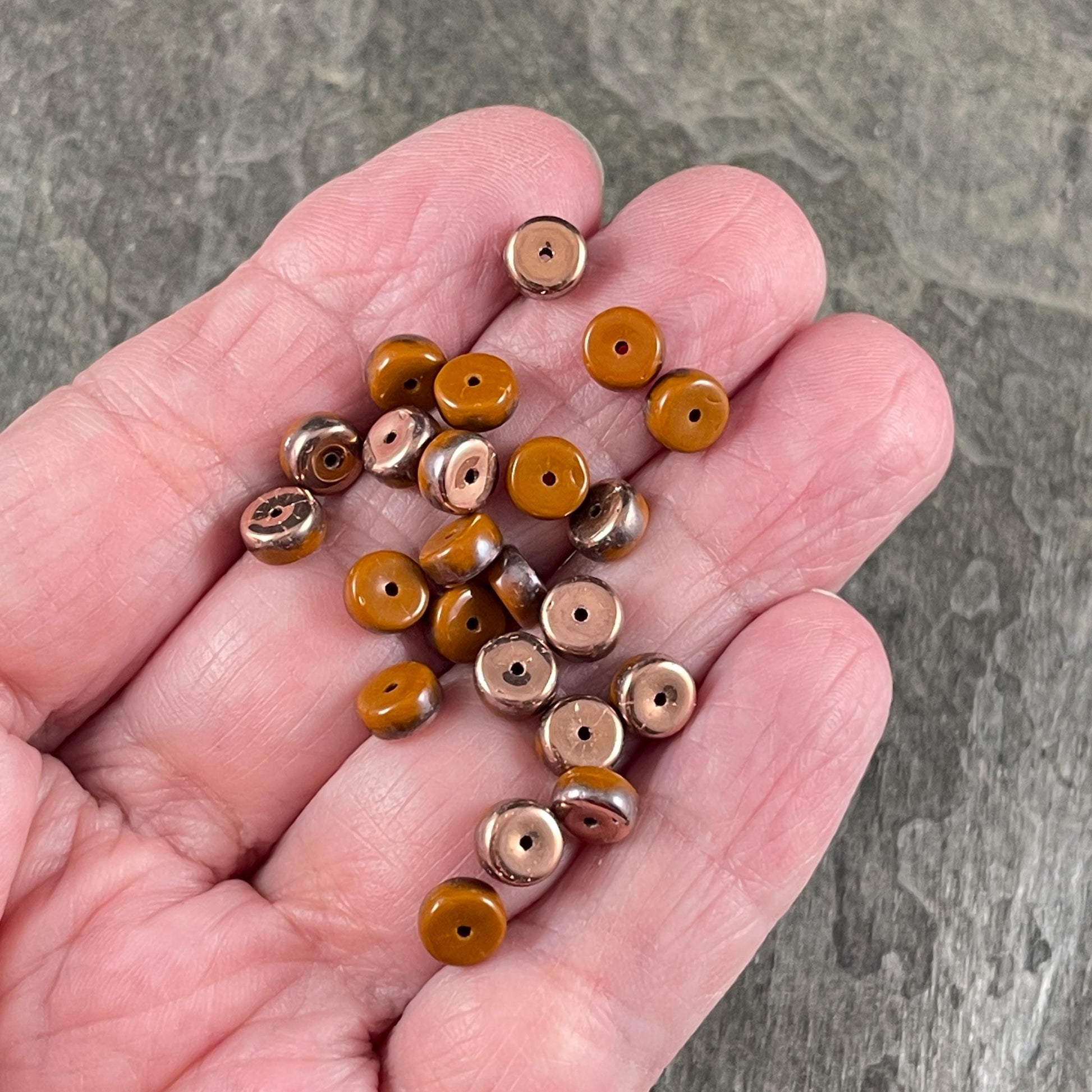 6mm Orange Heishi Rondelle, Czech Glass Beads, Burnt Orange with Copper Metallic Finish (HSH/N-0298) * 50 Beads