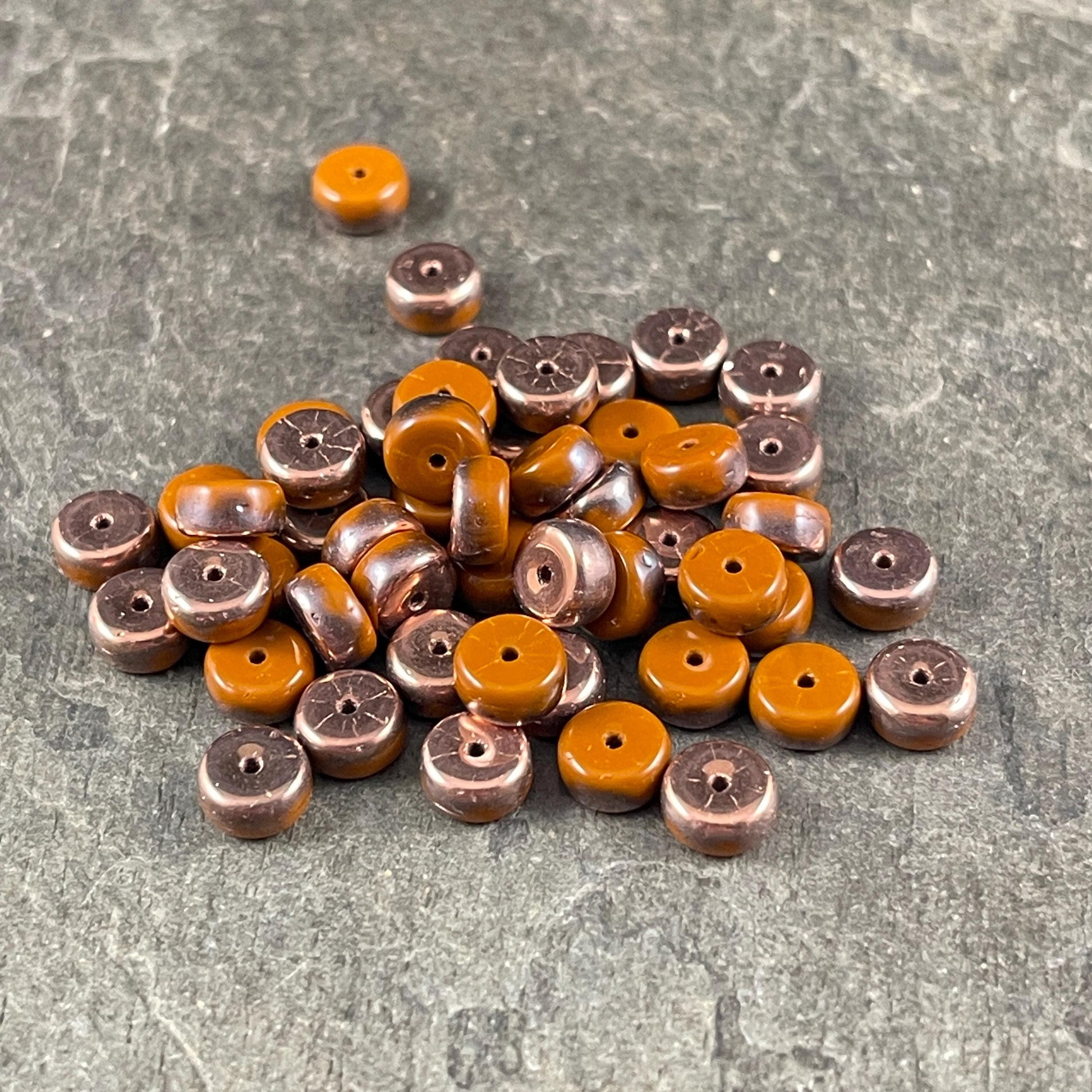 6mm Orange Heishi Rondelle, Czech Glass Beads, Burnt Orange with Copper Metallic Finish (HSH/N-0298) * 50 Beads