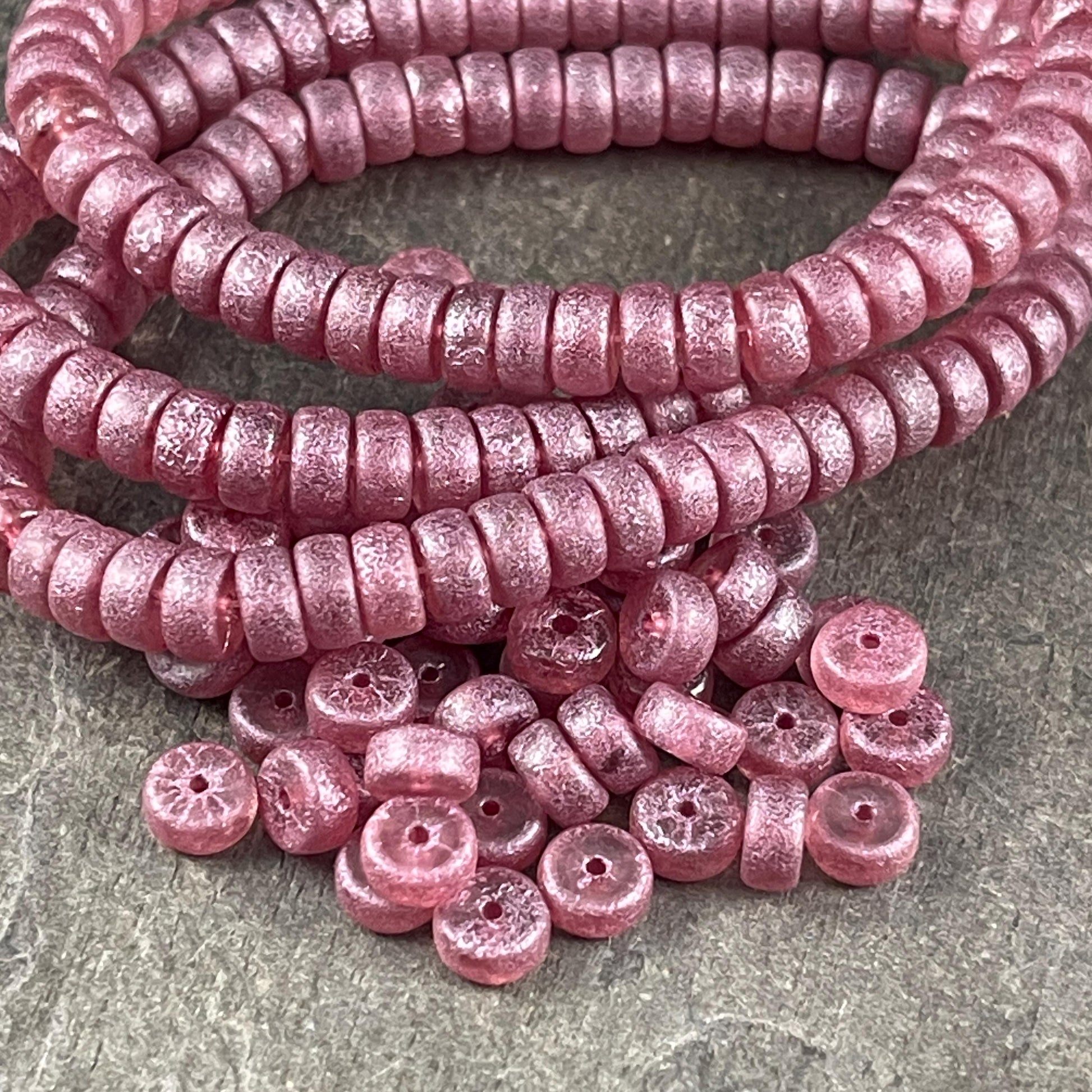 6mm Pink Heishi Rondelle, Czech Glass Beads, Etched Dusty Rose with Shimmery Pink Finish (HSH/N-0306) * 50 Beads